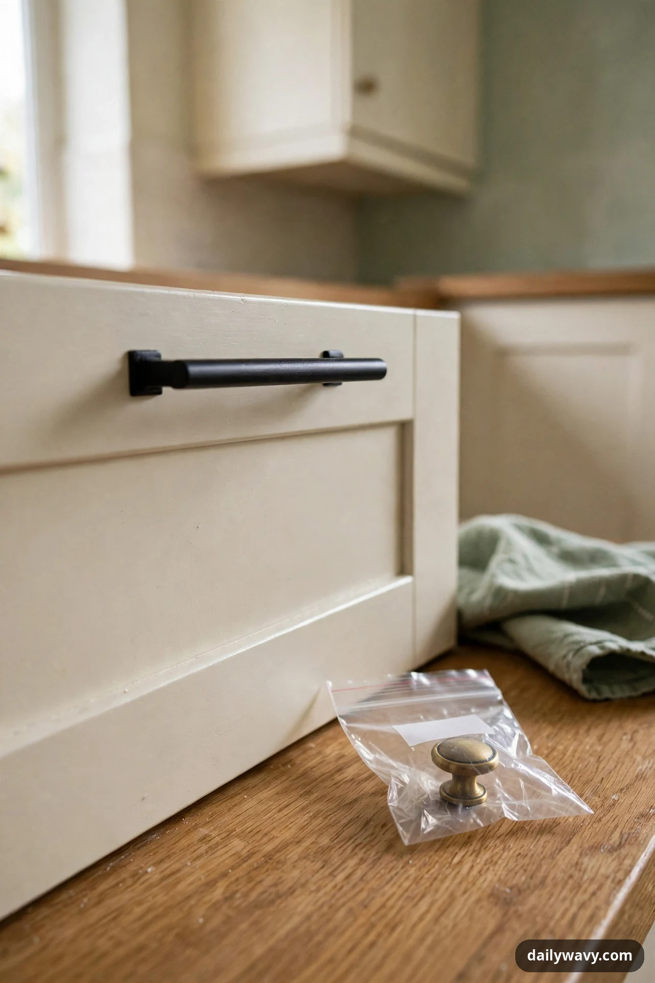 A new matte black bar pull is fitted to a cream kitchen drawer while the original brass knob rests in a labeled zip bag on the wooden counter beside it