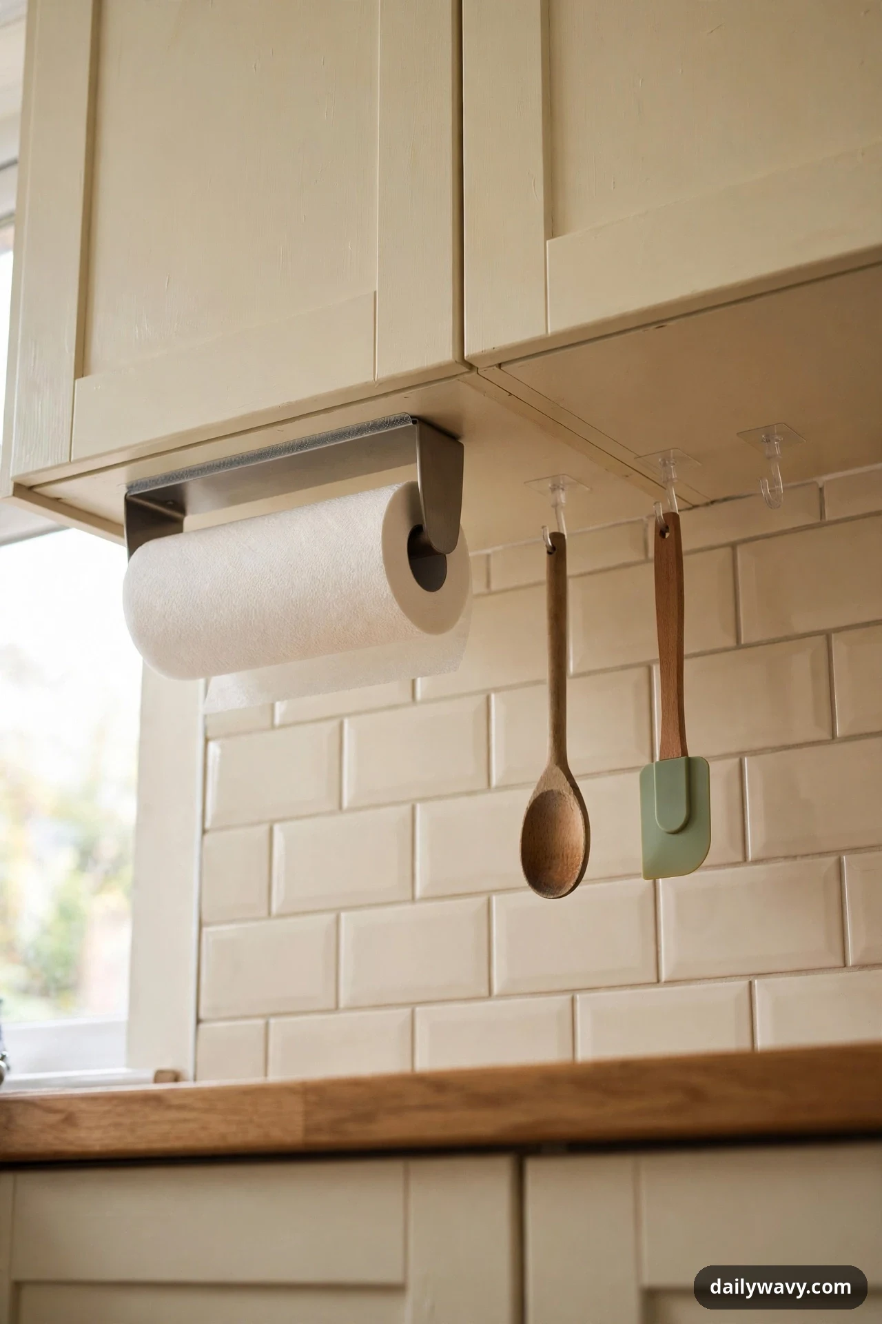 A paper-towel holder mounted under an upper kitchen cabinet holds a full roll beside clear adhesive hooks carrying a wooden spoon and a silicone spatula