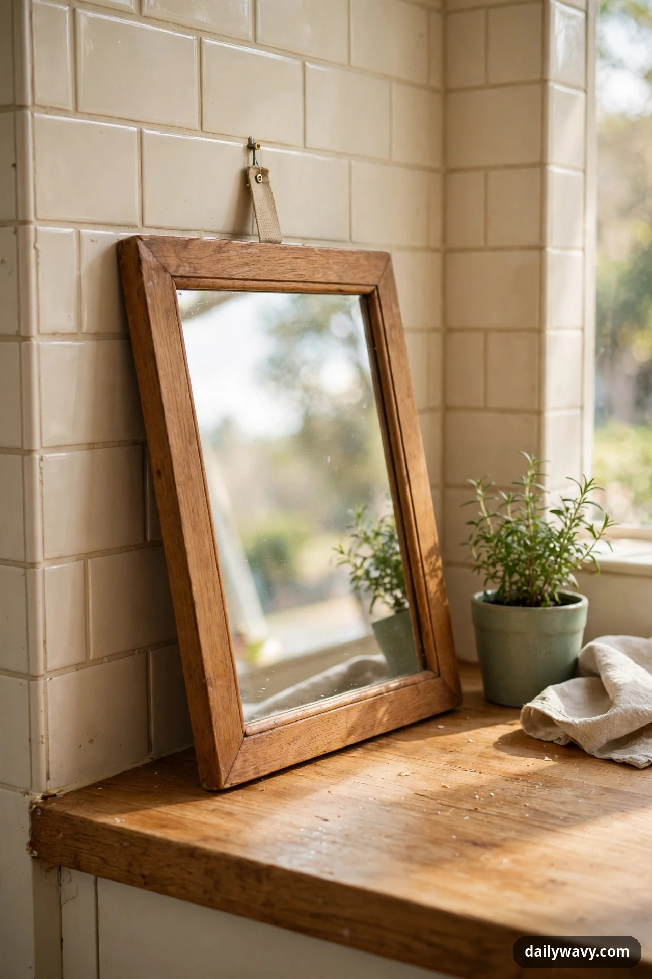 A wooden-framed mirror leans against a tiled kitchen wall on a wooden counter, secured at the top by a fabric strap looped over a small wall hook