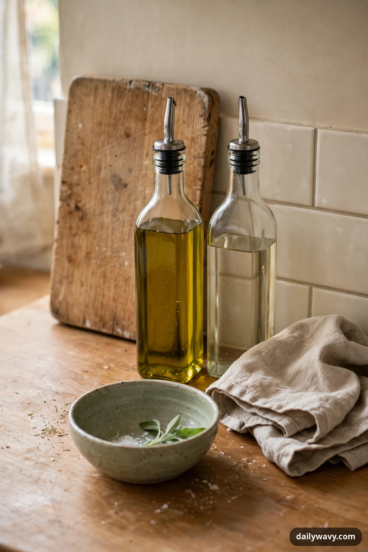 A wooden cutting board leans against a tiled backsplash behind two glass pour bottles of oil and vinegar, a small ceramic bowl, and a folded linen towel on a kitchen counter