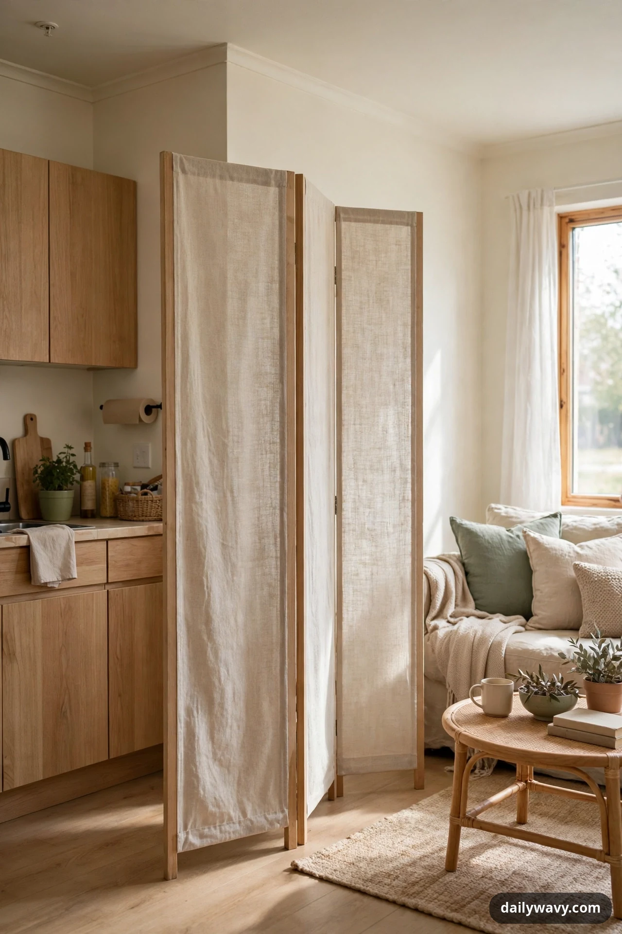 A three-panel linen folding screen stands between a light-wood kitchen and a sofa, marking the boundary between the two areas