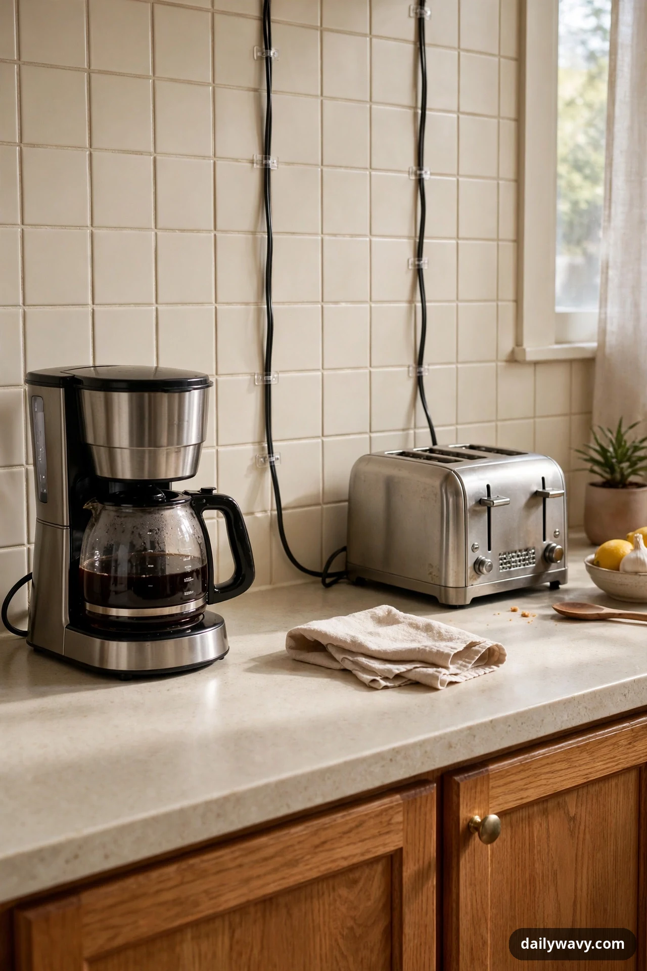 A coffee maker and a toaster sit on a kitchen counter with their black cords routed up the tiled backsplash in clear adhesive cable clips