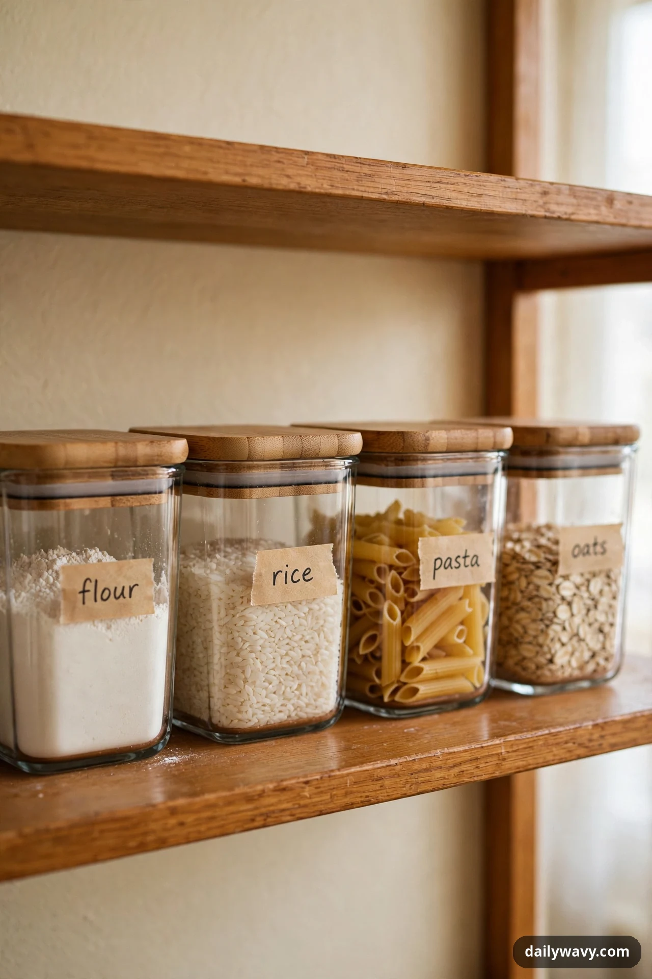 Four square glass containers with bamboo lids and paper labels hold flour, rice, penne pasta, and oats in a row on a wooden kitchen shelf