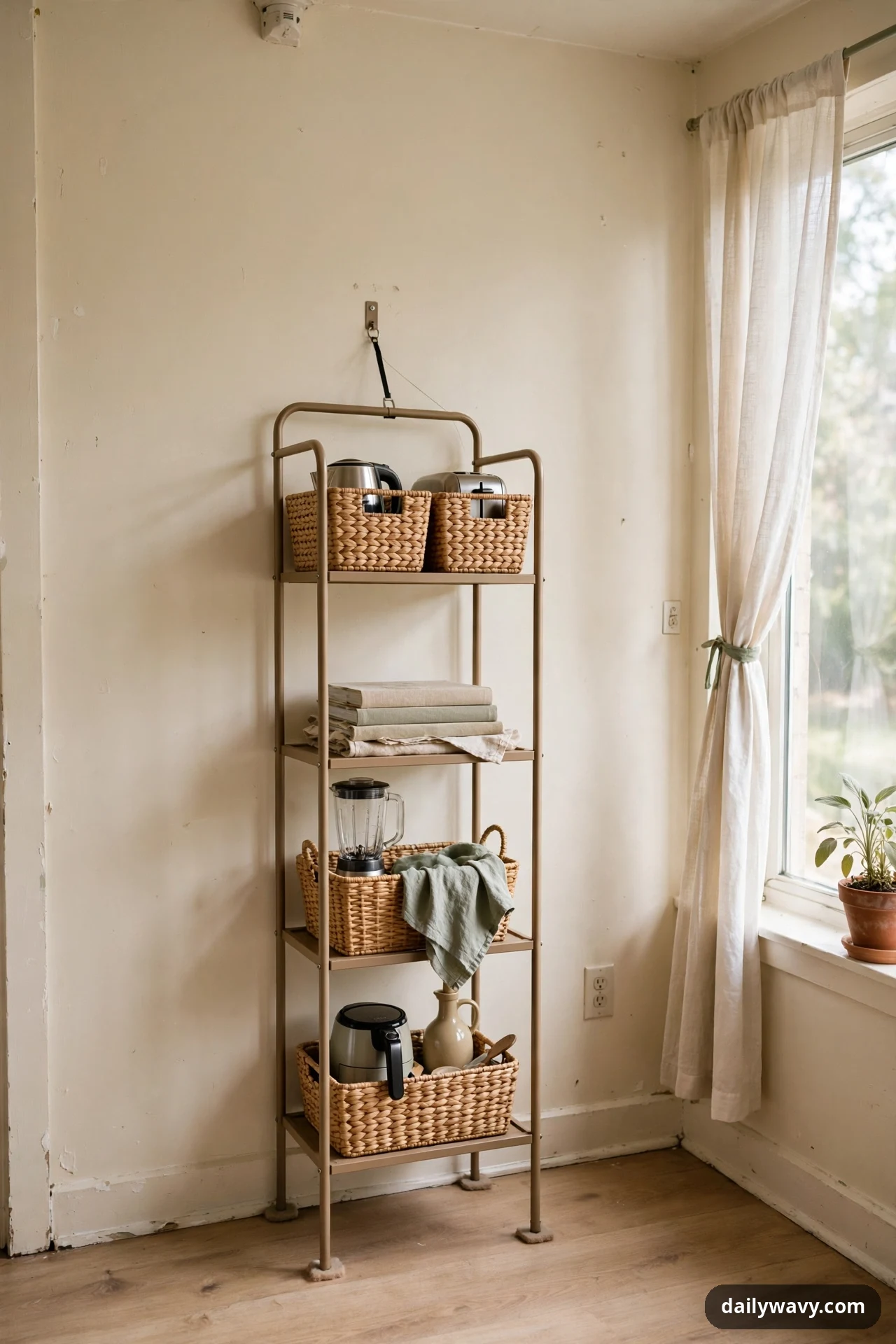A tall freestanding metal baker's rack stands against a kitchen wall near a window, its four shelves holding woven baskets, folded linens, and small appliances, with an anti-tip strap at the top