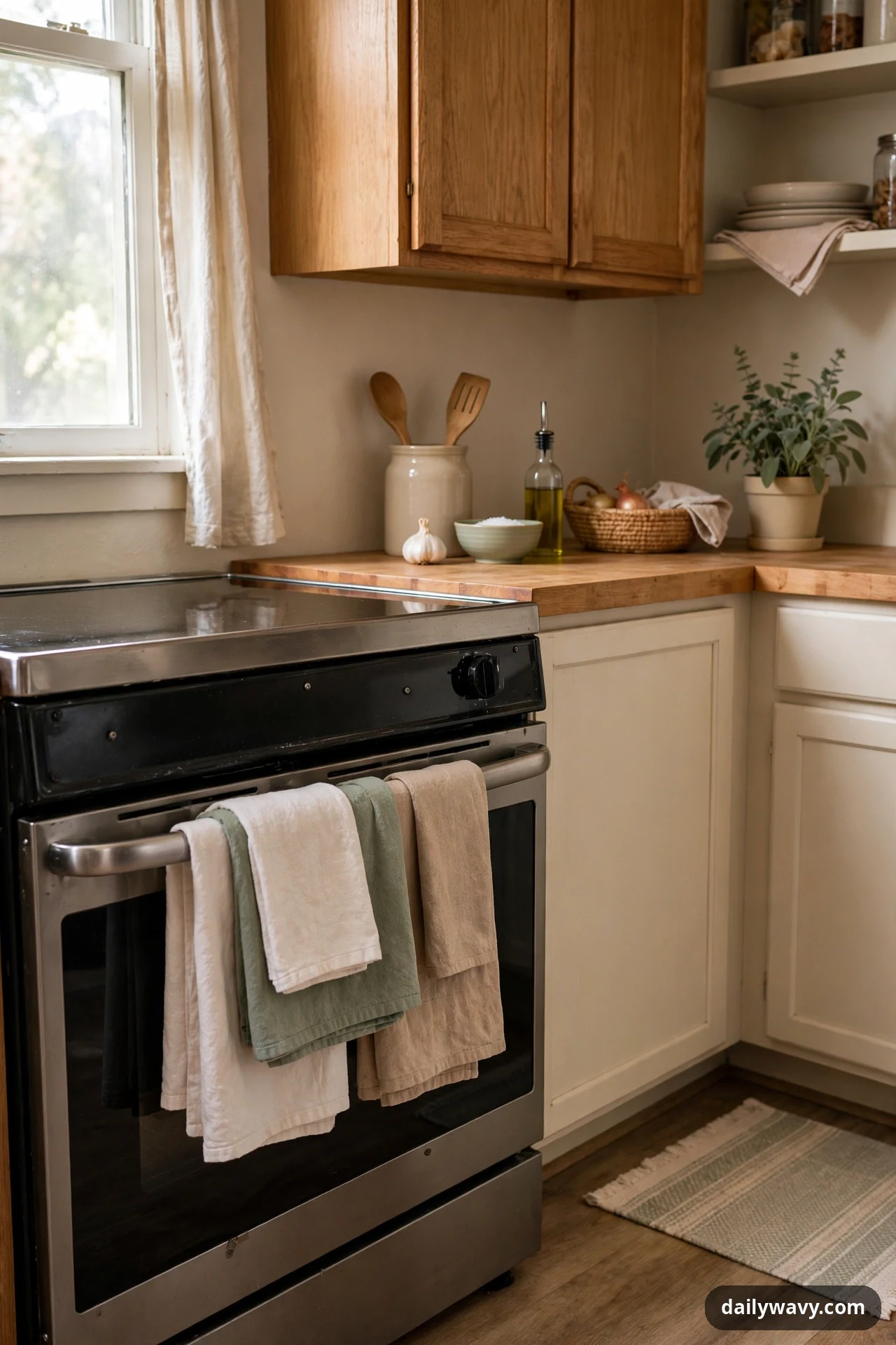 Three washable dish towels in cream, sage, and tan hang folded over an oven handle in a kitchen with a striped runner on the floor