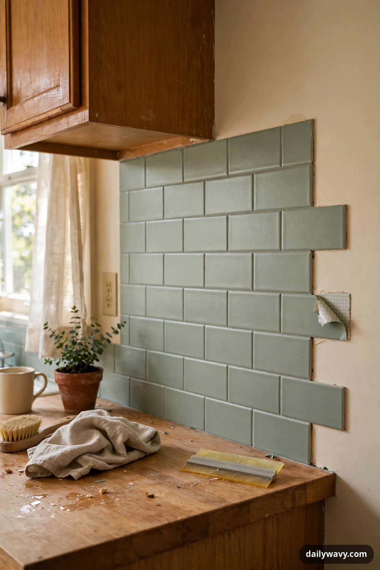 Sage-green peel-and-stick subway tiles cover part of a kitchen backsplash mid-installation, with one tile corner peeled back to show the adhesive grid backing and a smoothing tool resting on the wooden counter