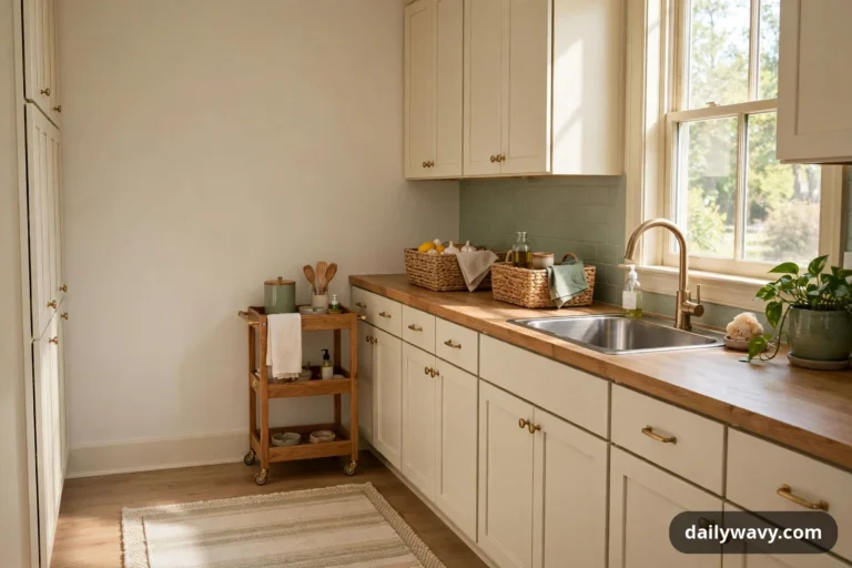 A wide view of a rental kitchen shows cream cabinets and a wooden counter holding woven baskets and a potted pothos beside the sink, a wooden rolling cart against the back wall, and a striped runner rug on the floor