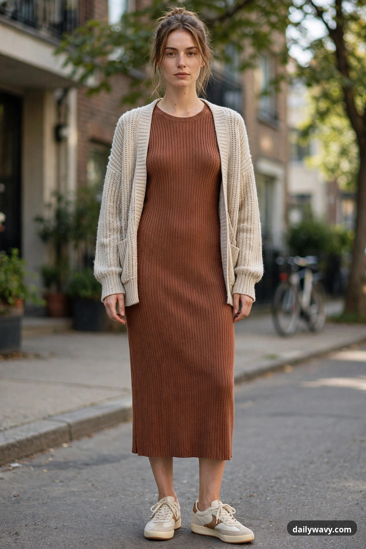 A closer view shows a woman in a rust-brown ribbed knit midi dress and a cream open cardigan wearing off-white retro sneakers with tan panels on a residential street.