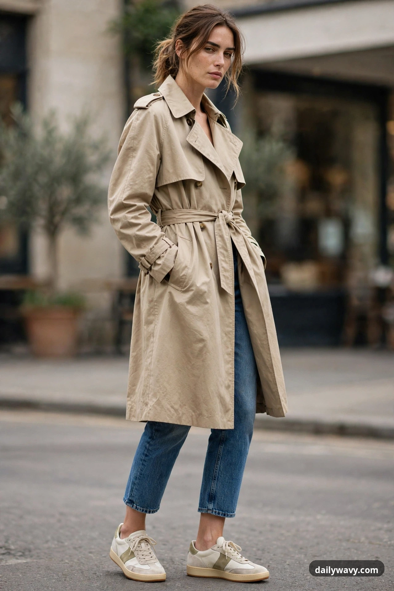 A woman wears a beige belted trench coat over cropped medium-wash jeans and off-white retro sneakers with gum soles on a city street.