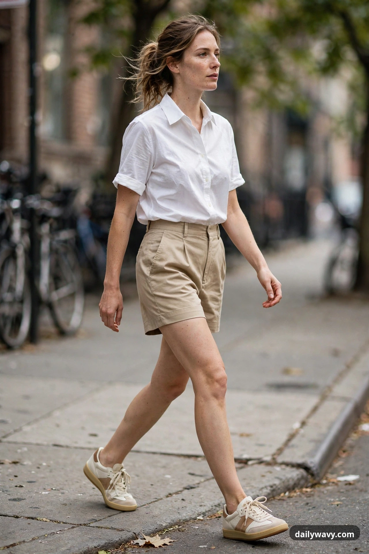 A woman walks along a sidewalk in a white button-down shirt tucked into khaki tailored shorts, wearing off-white retro sneakers with gum soles.