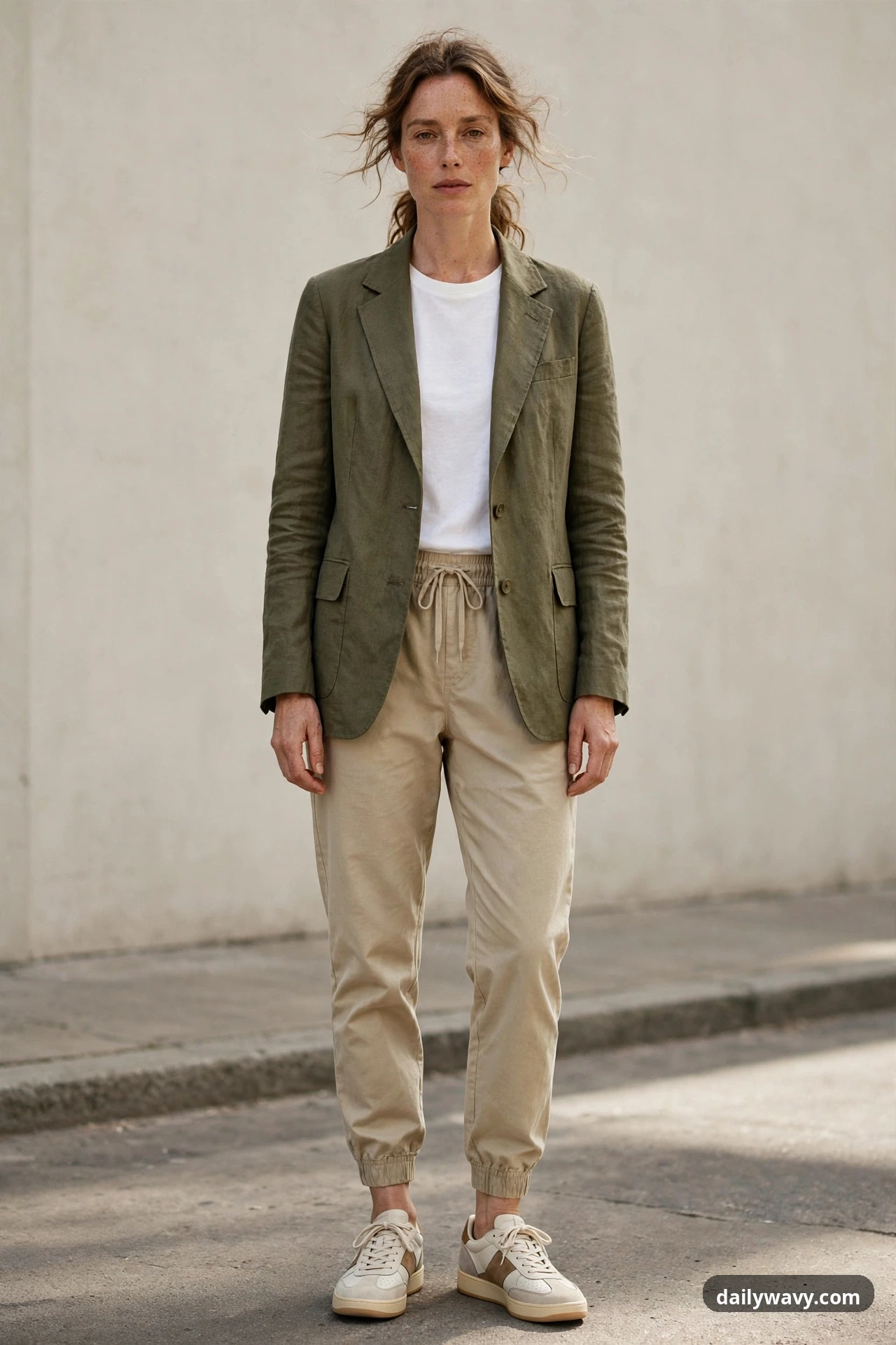 A woman wears an olive structured blazer over a white tee with beige drawstring joggers and off-white retro sneakers against a plain wall.