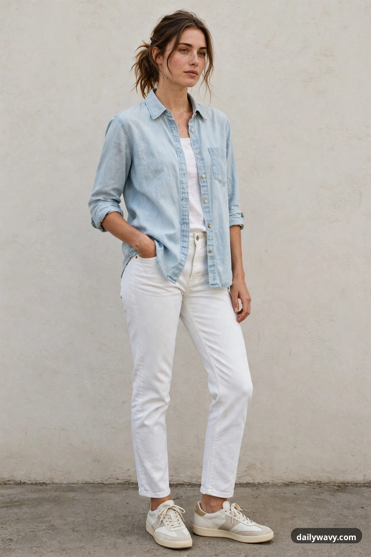 A woman wears white straight-leg jeans with a light chambray shirt open over a white top, sleeves rolled, and off-white retro sneakers.