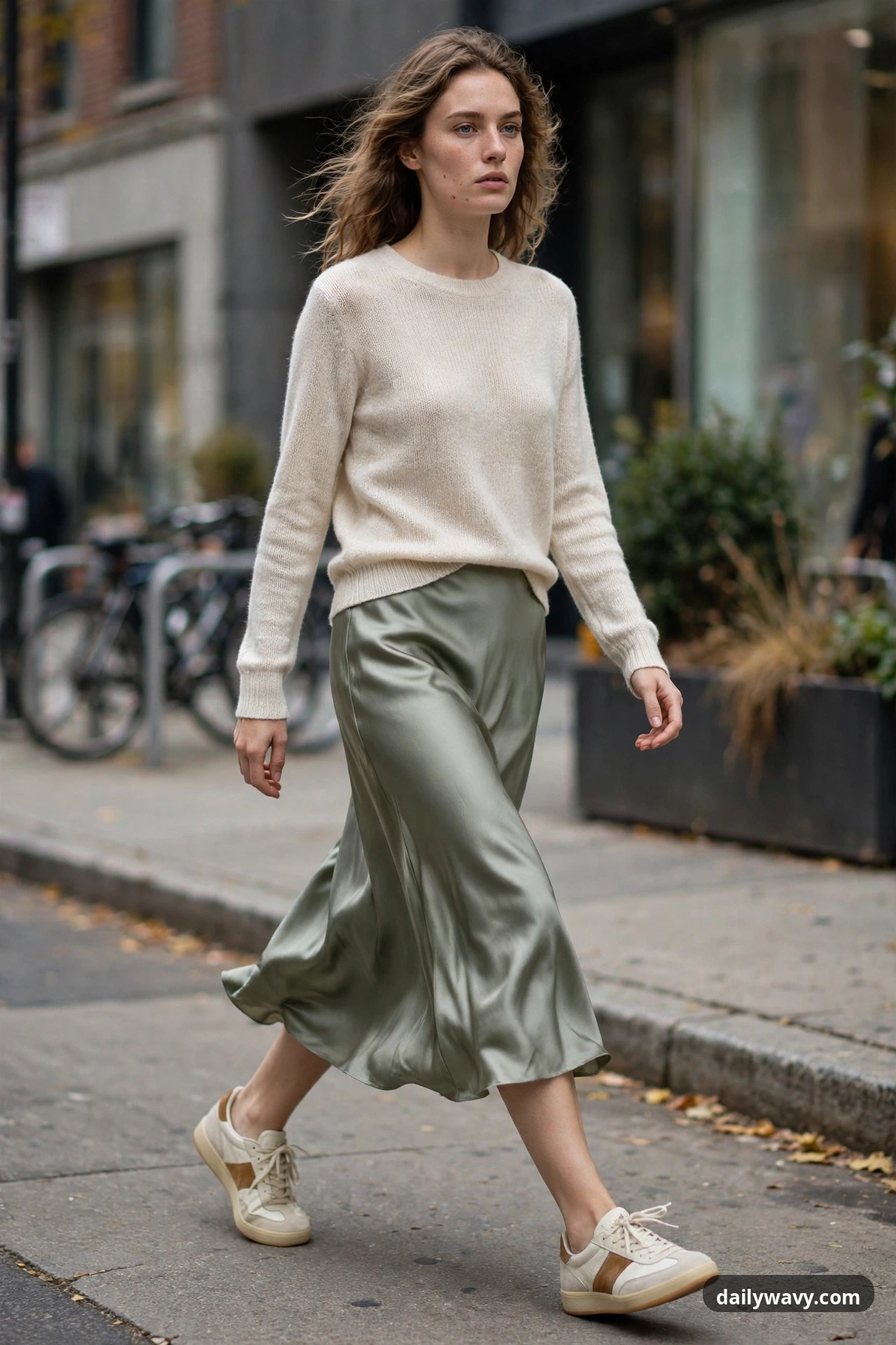 A woman walks down a city sidewalk in a cream fine-gauge crewneck sweater and a sage-green satin midi skirt, wearing off-white retro sneakers with tan stripes.