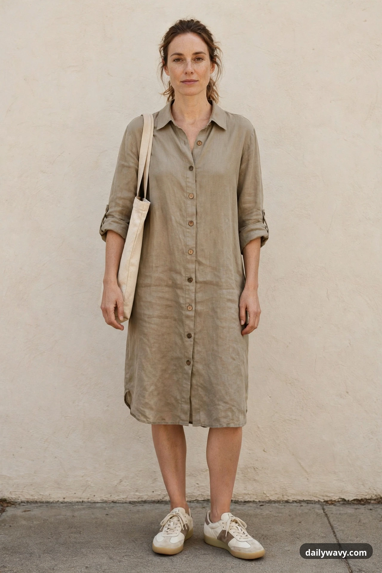 A woman wears an olive shirt dress with a natural canvas tote over her shoulder and off-white retro sneakers with gum soles against a plain wall.