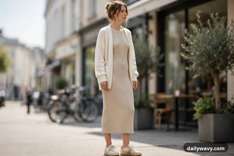 A wide street view shows a woman in an oatmeal ribbed knit midi dress and a cream open cardigan wearing off-white retro sneakers with gum soles outside a cafe.
