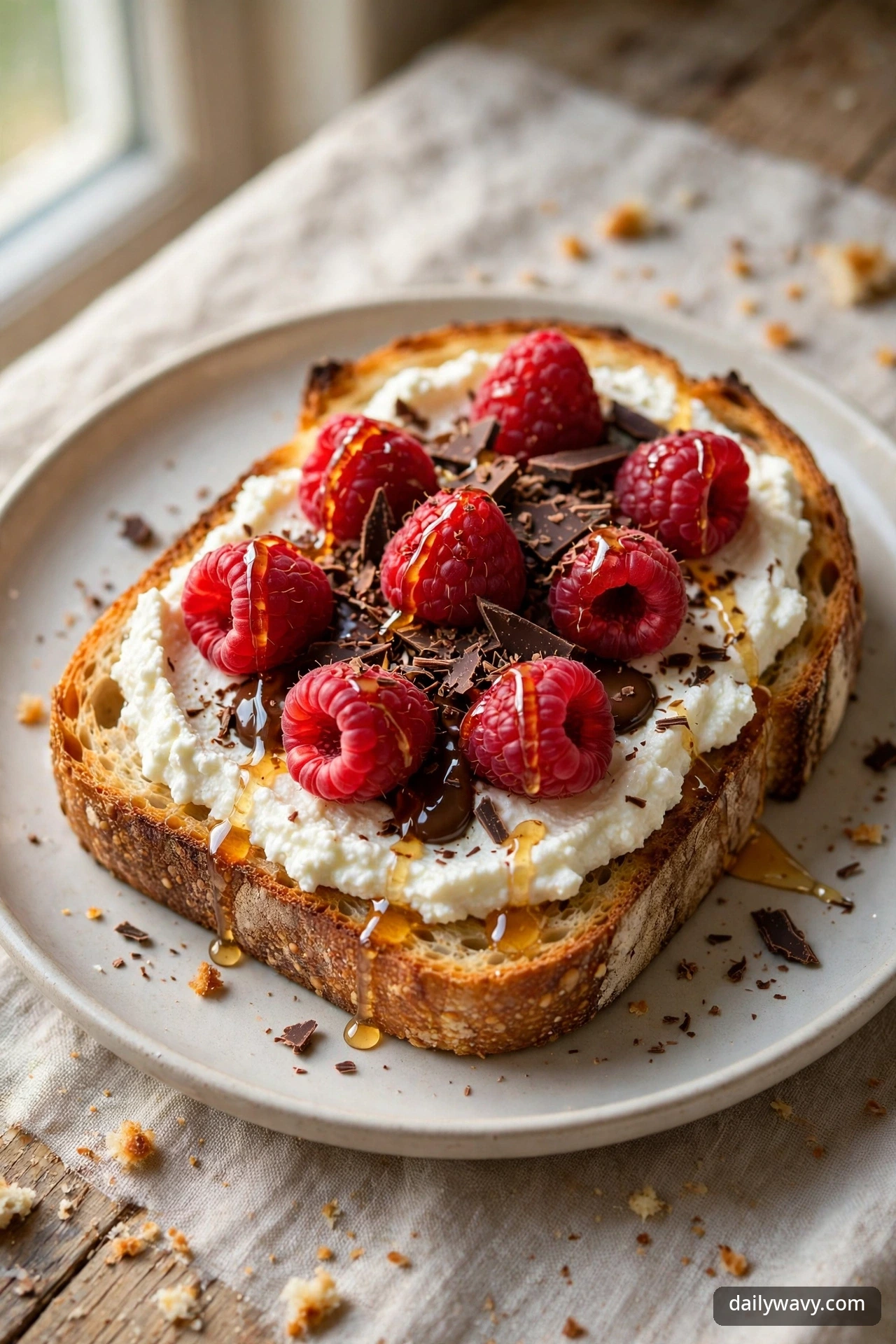Ricotta toast with raspberries and dark chocolate