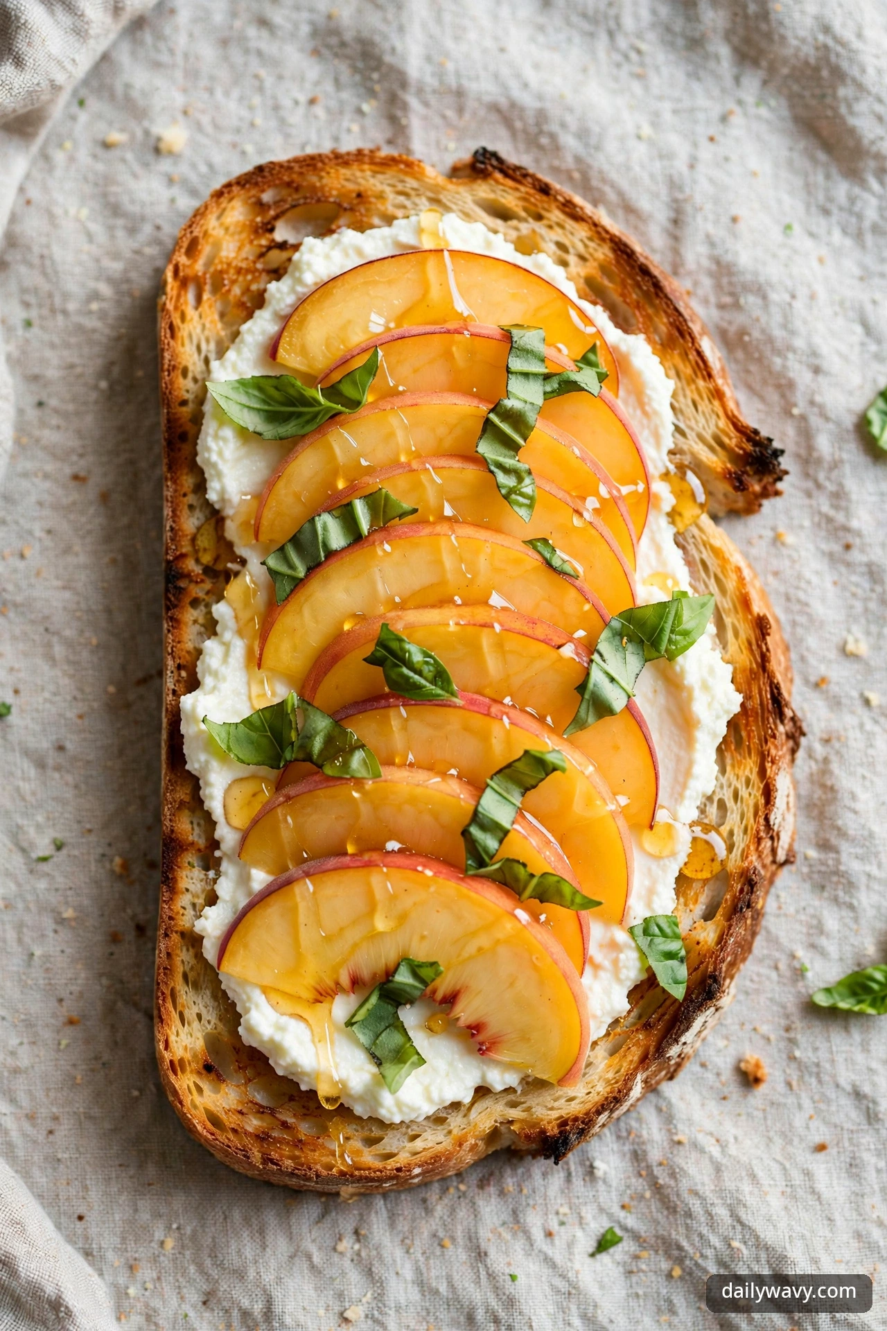 Ricotta toast with peach slices and fresh basil