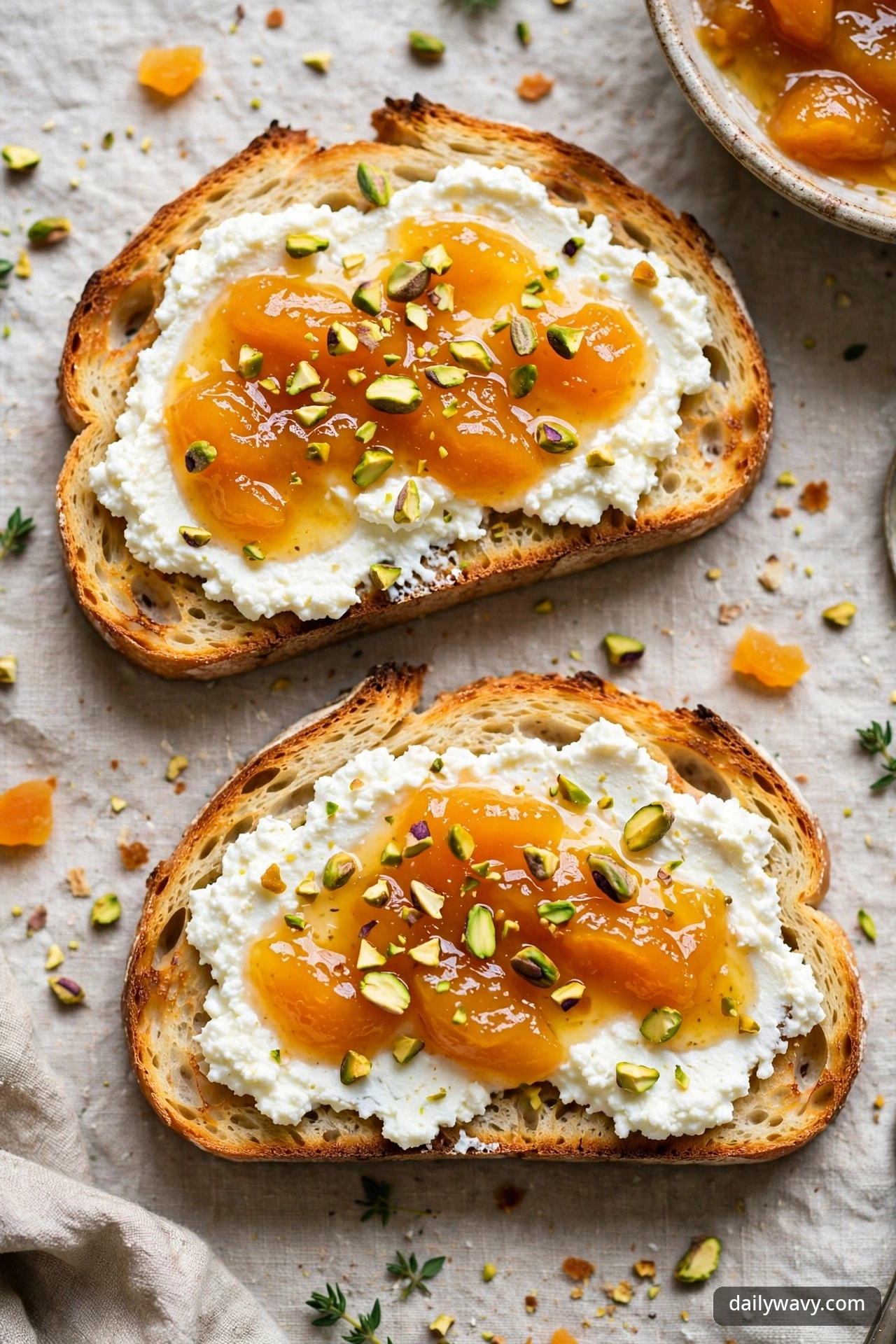 Ricotta toast with apricot compote and pistachios