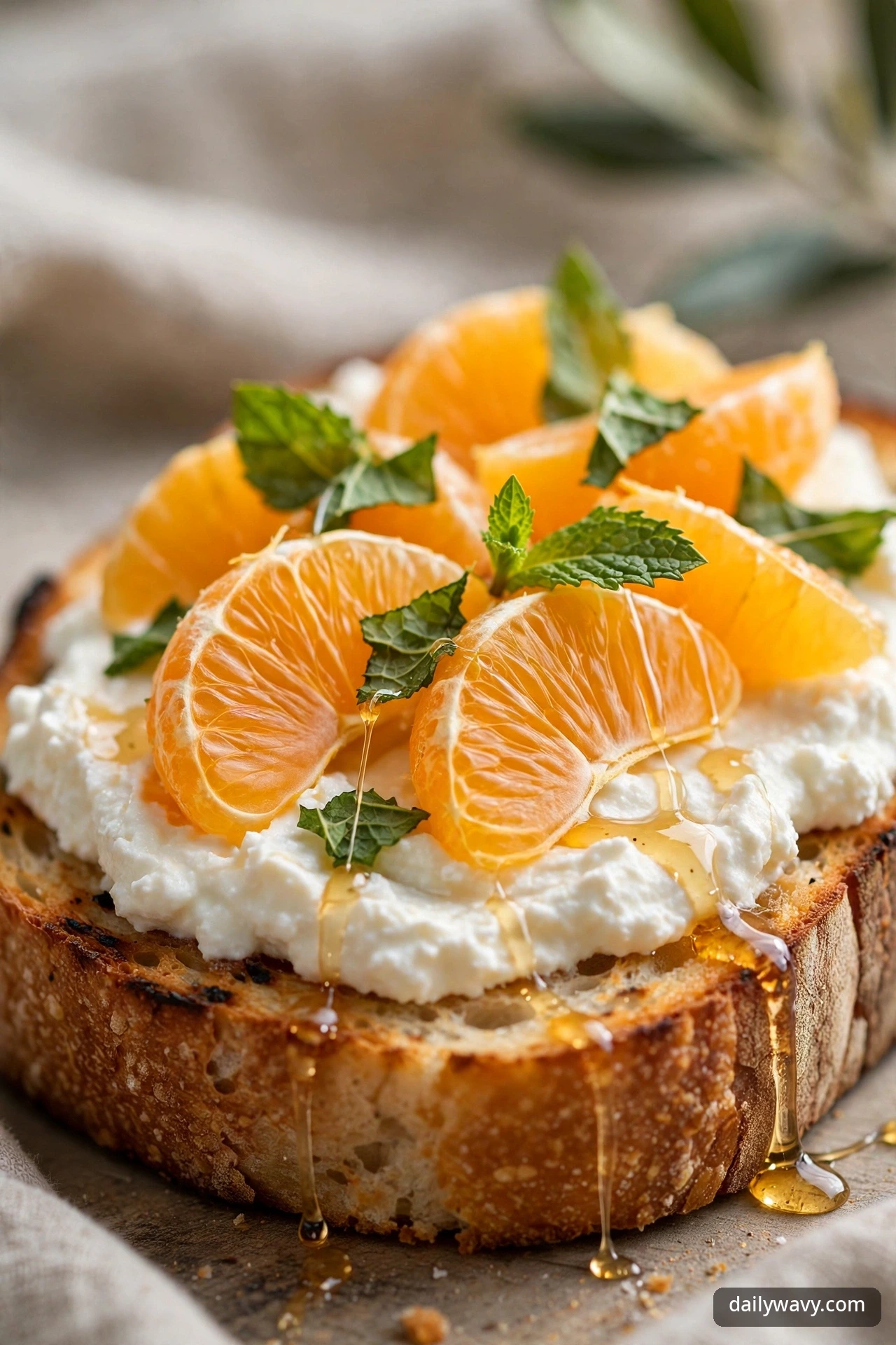 Ricotta toast with orange segments and mint