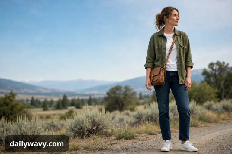 A wide view shows a woman standing on a dirt road in open country, wearing a white tee under an open olive overshirt with rolled sleeves, dark straight-leg jeans, white sneakers and a tan crossbody bag