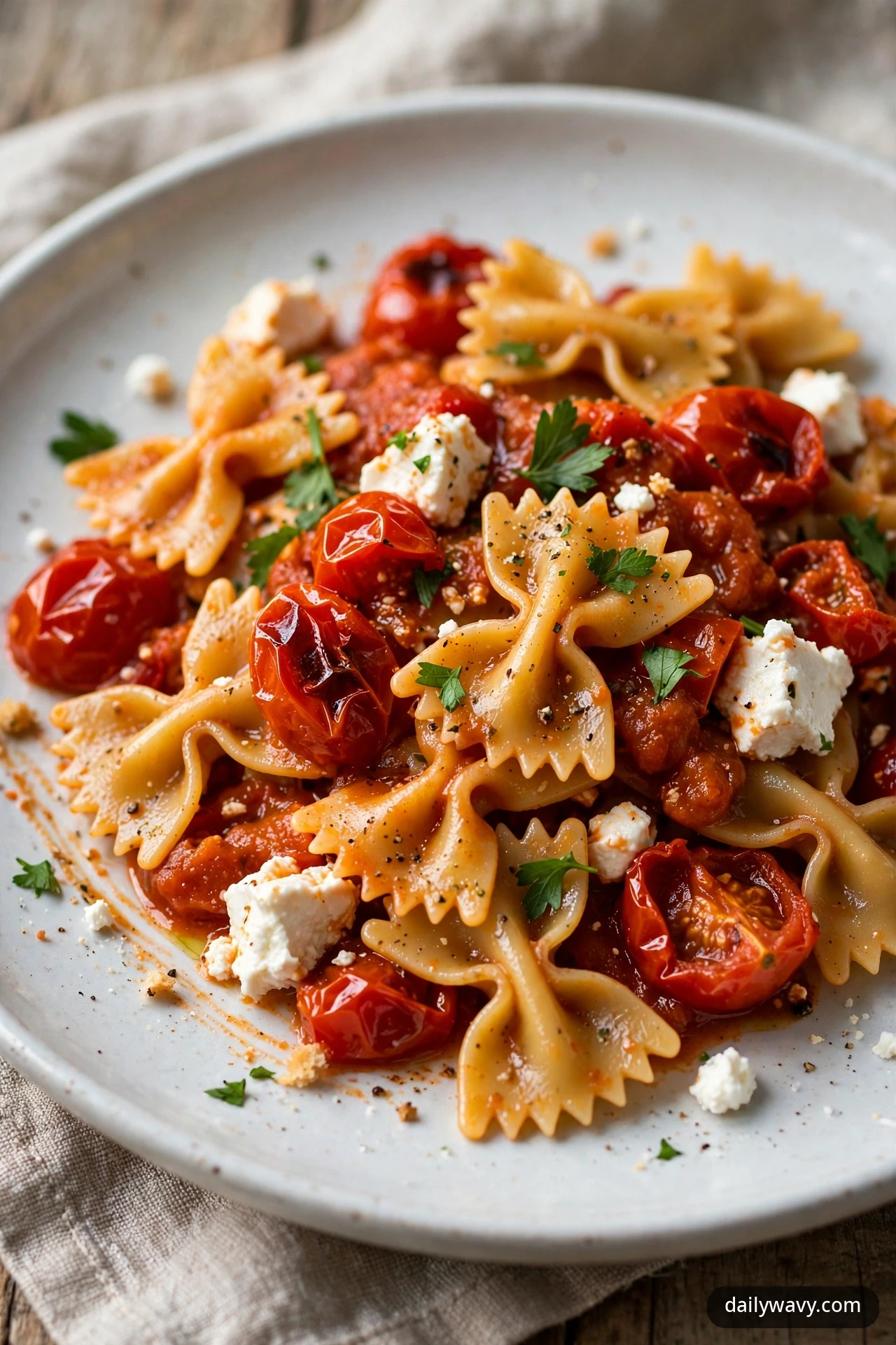 Farfalle bow ties tossed with burst roasted cherry tomatoes and chunks of white feta in a shallow plate, finished with fresh parsley leaves scattered over the top.