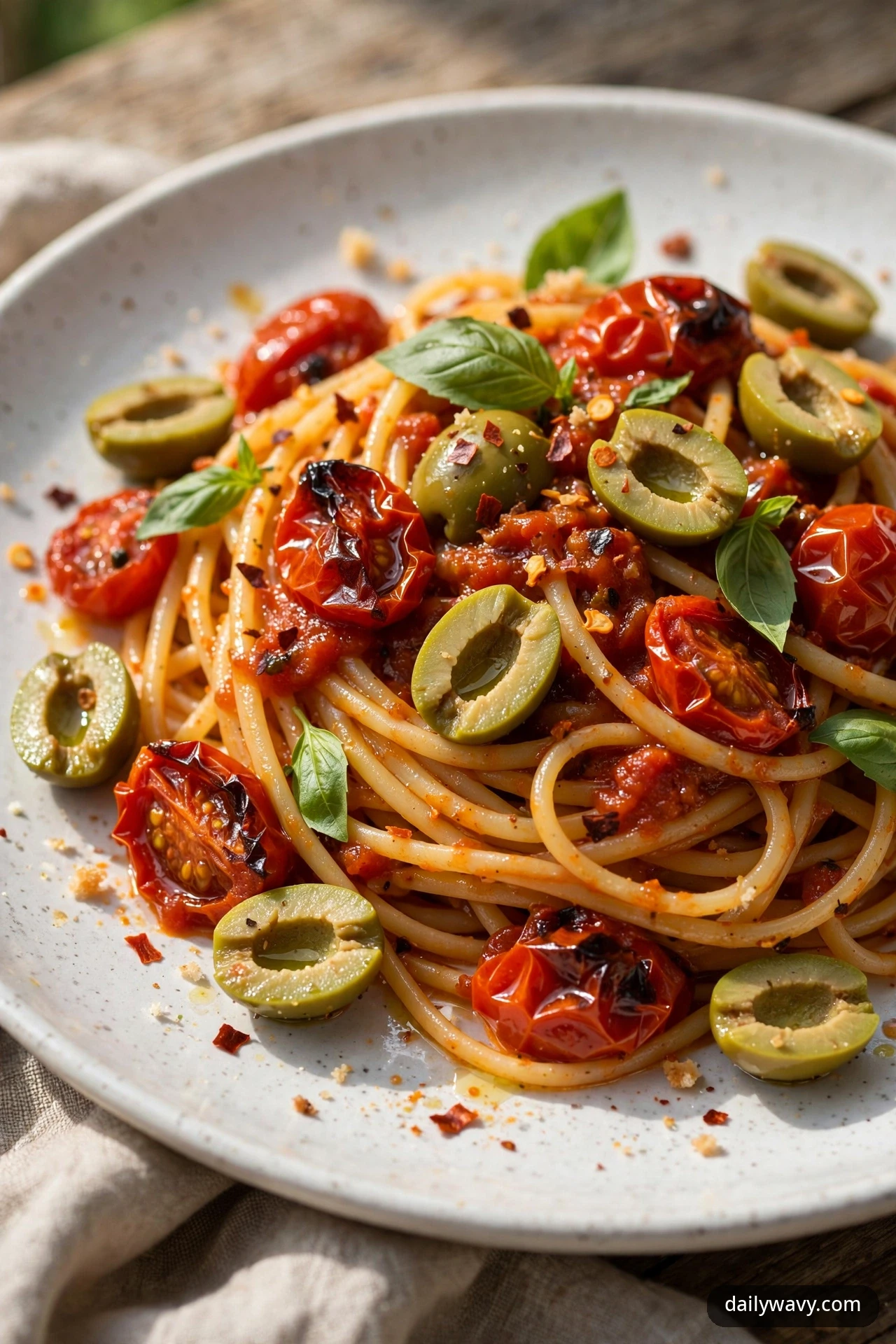 Linguine twirled with roasted cherry tomatoes and halved green Castelvetrano olives in a shallow plate, topped with fresh basil leaves and red pepper flakes.