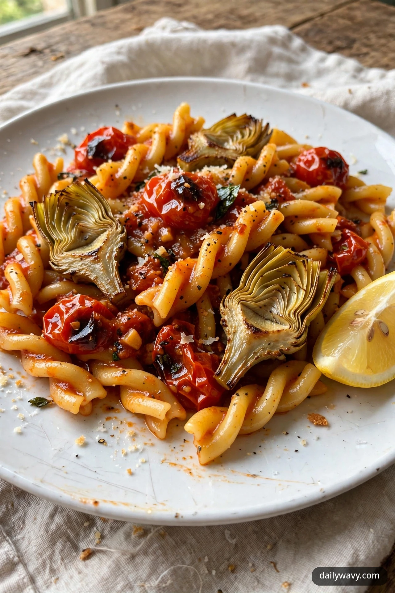 Gemelli twists tossed with roasted cherry tomatoes and golden roasted artichoke heart halves in a shallow plate, with grated Parmesan over the top and a lemon wedge at the edge of the plate.