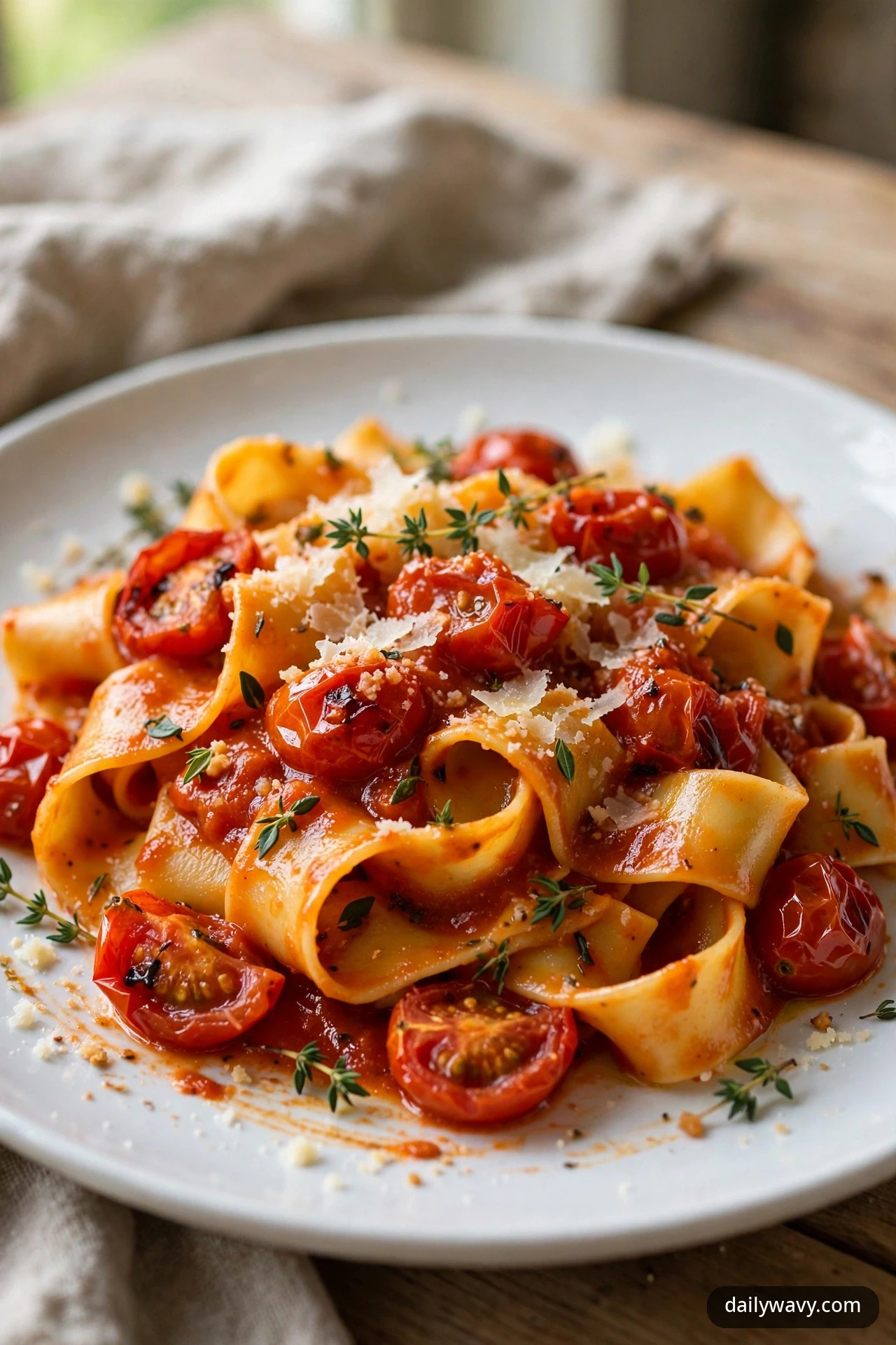 Wide pappardelle ribbons folded through roasted cherry tomatoes in a shallow plate, topped with fresh thyme sprigs and shaved Parmesan.