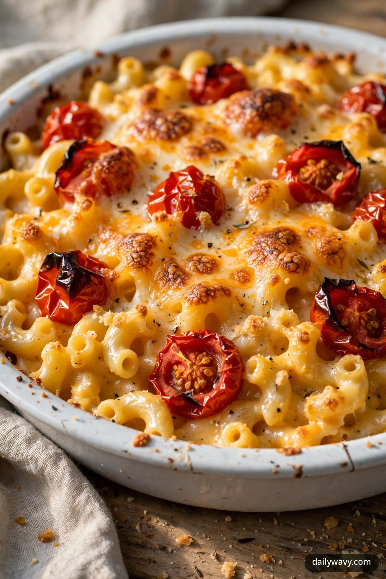 A baking dish of macaroni and cheddar with a bubbled, golden broiled top, studded with roasted cherry tomato halves.