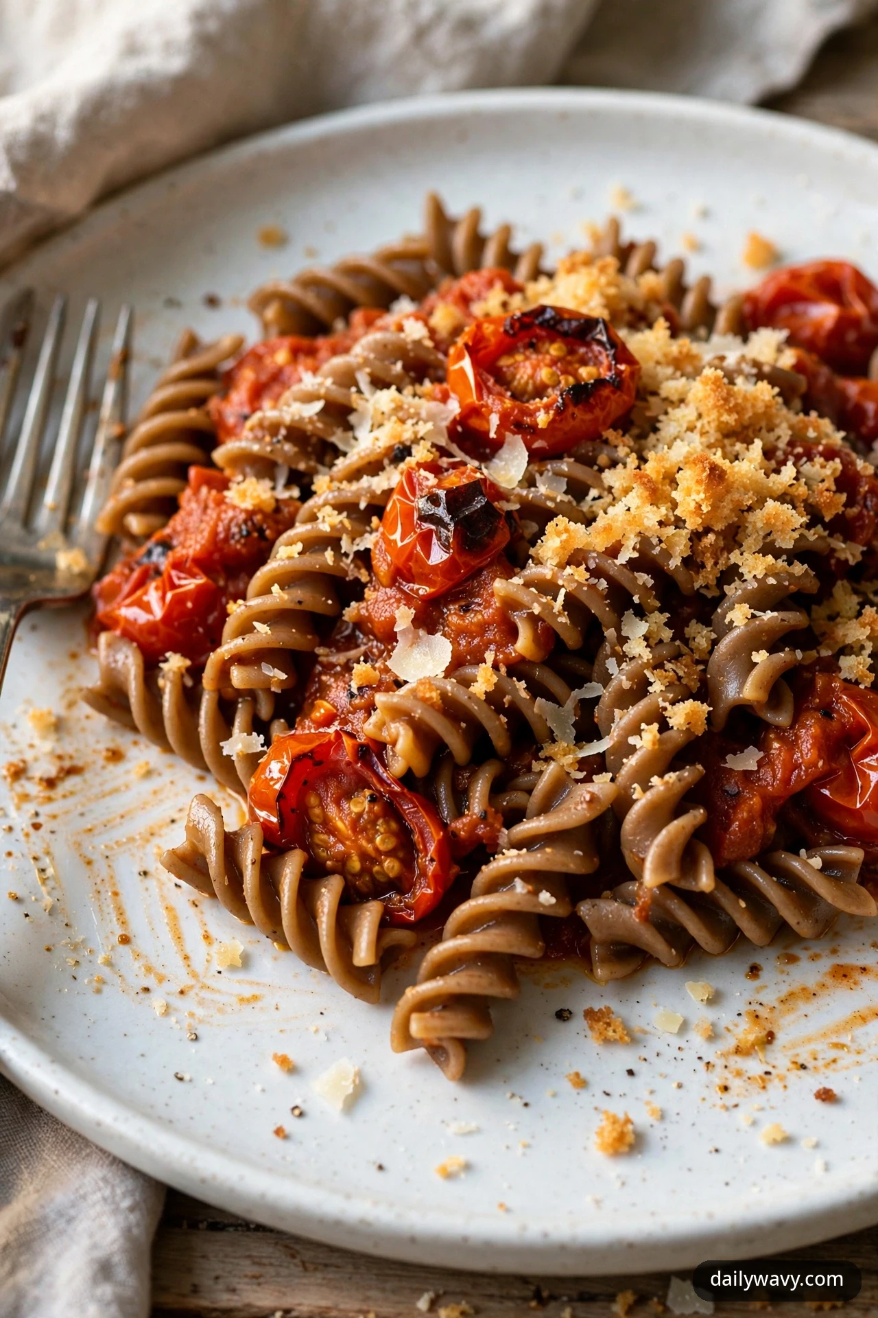 Whole-wheat fusilli spirals tossed with roasted cherry tomatoes in a shallow plate, topped with toasted golden breadcrumbs and shaved Parmesan, with a fork resting at the edge of the plate.
