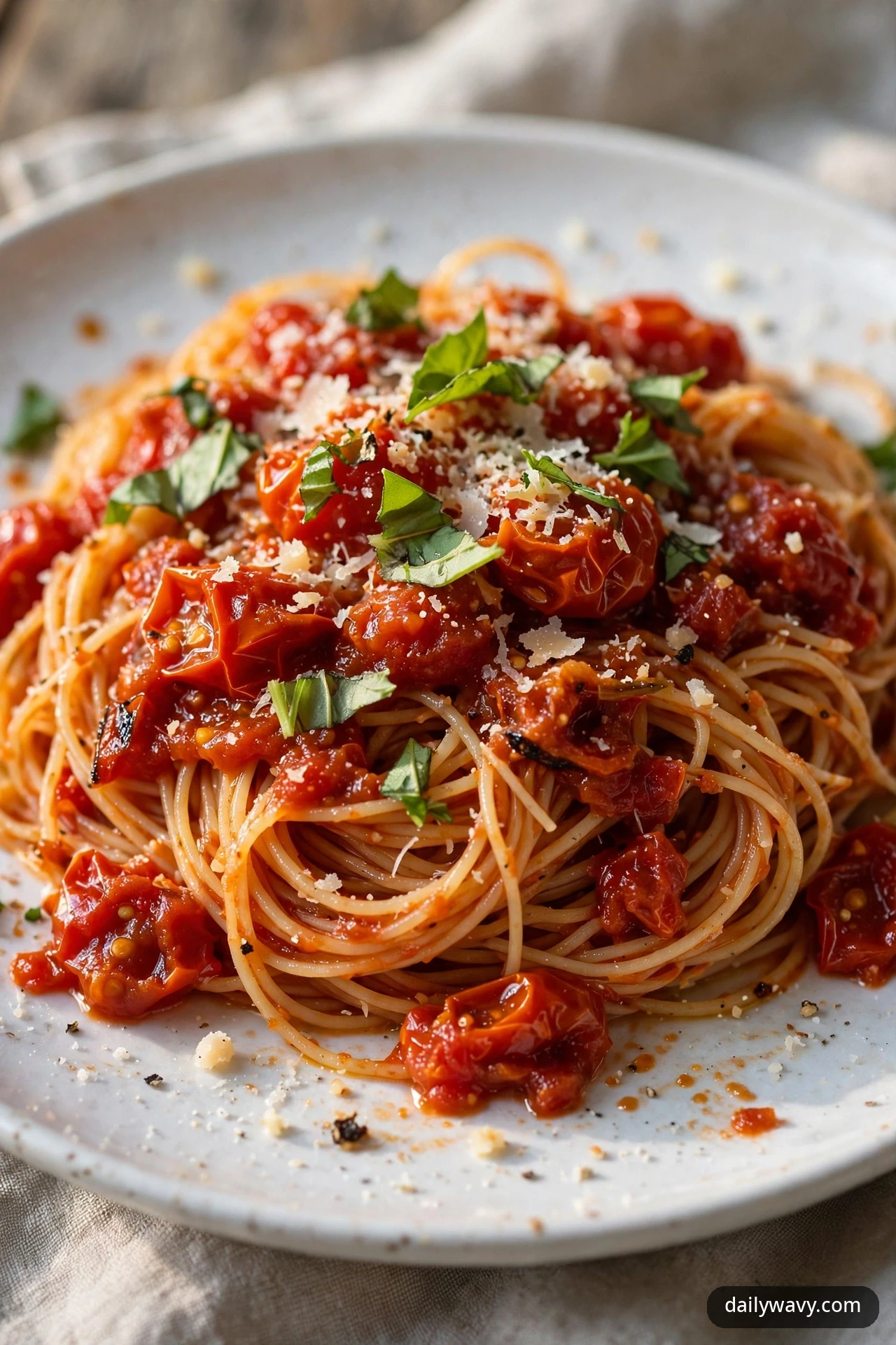 A mound of angel hair pasta coated in jammy roasted tomato sauce in a shallow plate, topped with torn basil leaves and grated Parmesan.