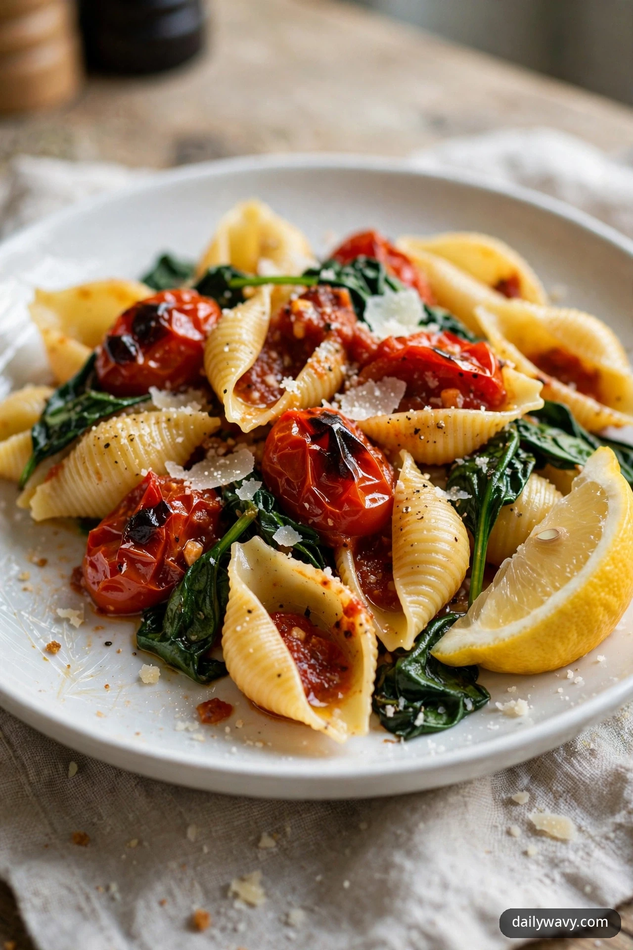 Conchiglie shells tossed with roasted cherry tomatoes and wilted spinach in a shallow plate, topped with shaved Parmesan and served with a lemon wedge at the edge of the plate.