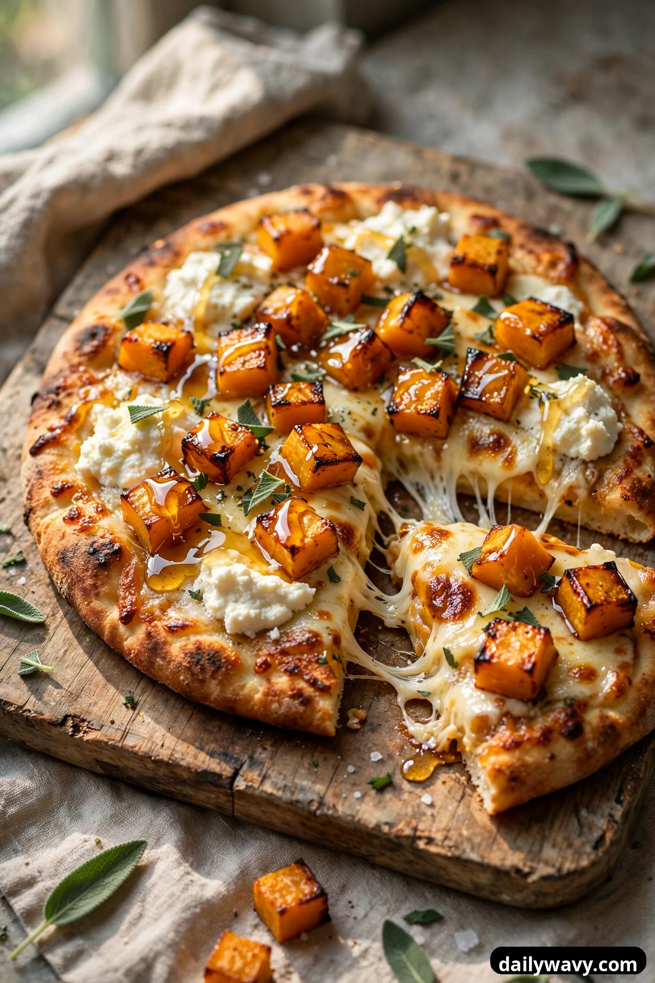 An overhead view of a flatbread covered with roasted butternut squash cubes, ricotta dollops, melted mozzarella, and chopped sage on a wooden board, with one slice pulled away in a cheese pull.