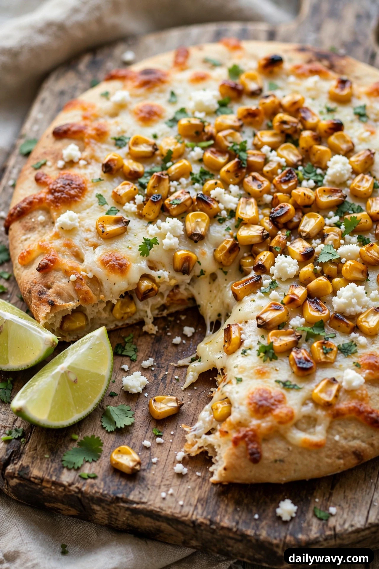 A flatbread covered with charred roasted corn kernels, melted cheese, crumbled cotija, and chopped cilantro sits on a wooden board with lime wedges beside it.