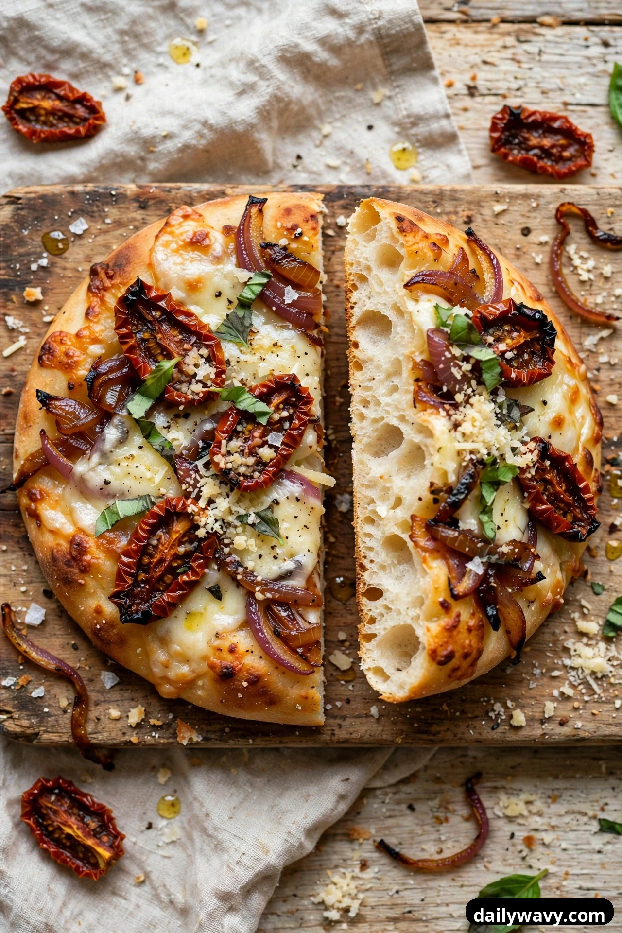 A flatbread cut in half on a wooden board is topped with sun-dried tomato halves, roasted red onion slices, melted cheese, grated Parmesan, and torn basil leaves.