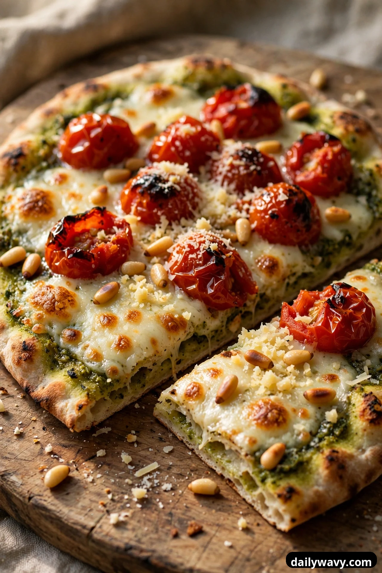 A pesto flatbread topped with melted mozzarella, blistered whole cherry tomatoes, toasted pine nuts, and grated Parmesan sits on a wooden board with one slice pulled away.