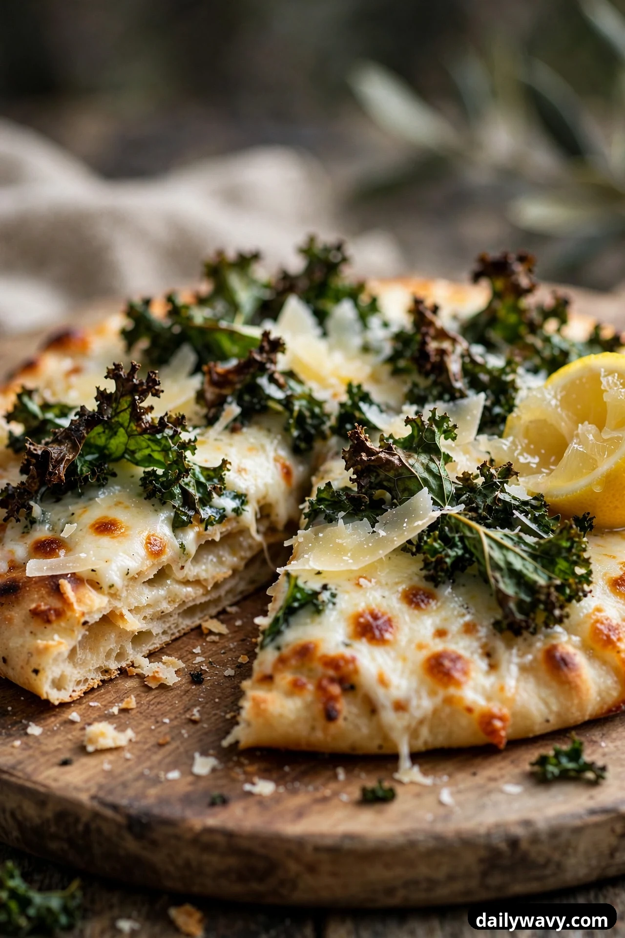 A flatbread topped with crispy roasted kale leaves, melted mozzarella, and shaved Parmesan sits on a wooden board with a lemon half resting on top.