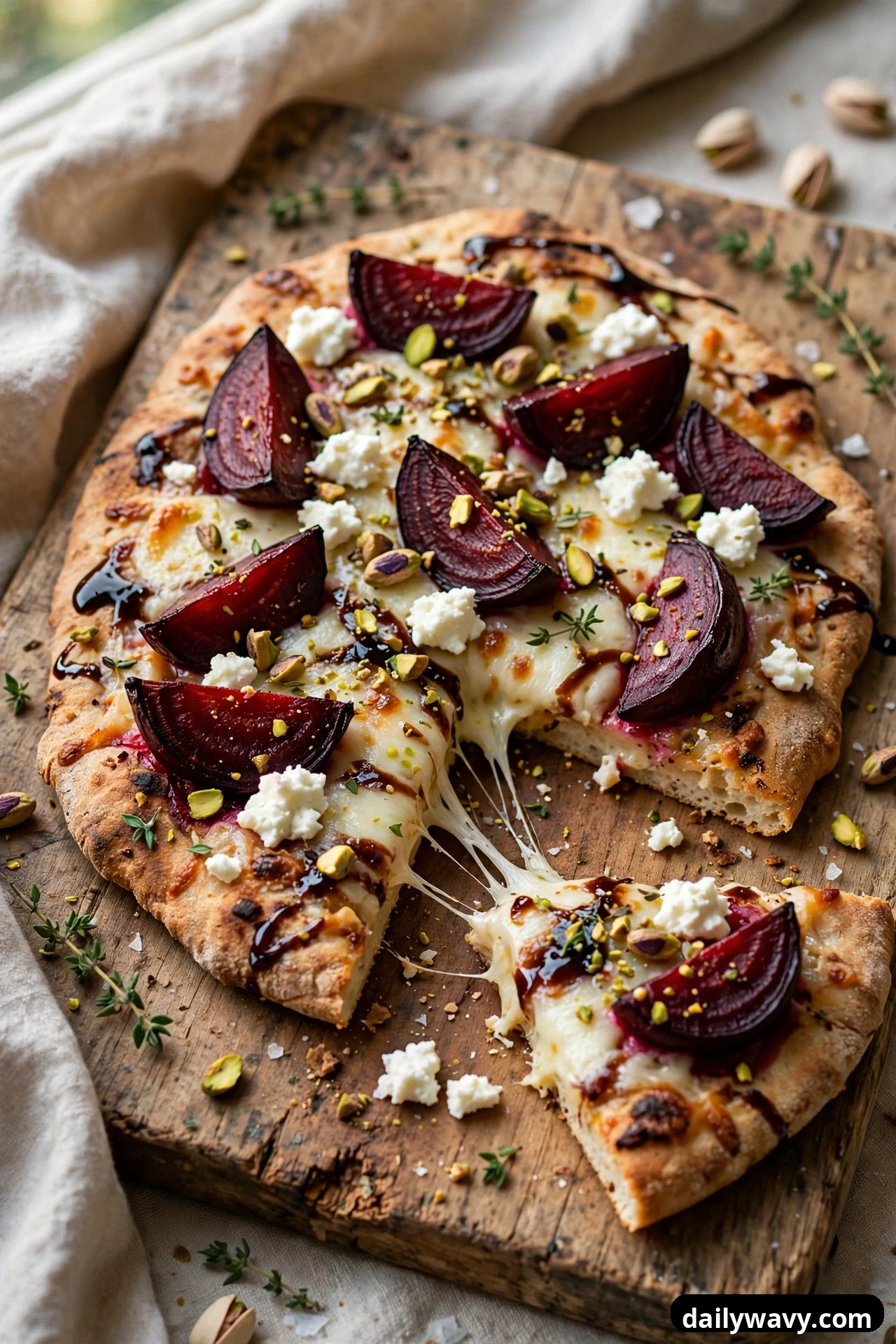 A flatbread topped with roasted beet wedges, crumbled goat cheese, and chopped pistachios is drizzled with balsamic glaze on a wooden board, with one slice pulled away in a cheese pull.