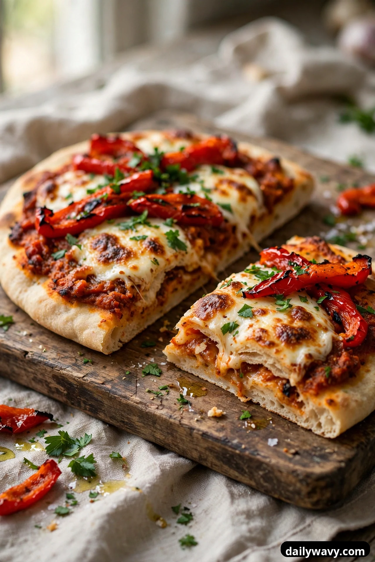 A flatbread spread with roasted red pepper sauce and topped with browned melted mozzarella, charred red pepper strips, and chopped parsley sits on a wooden board with one slice pulled forward.