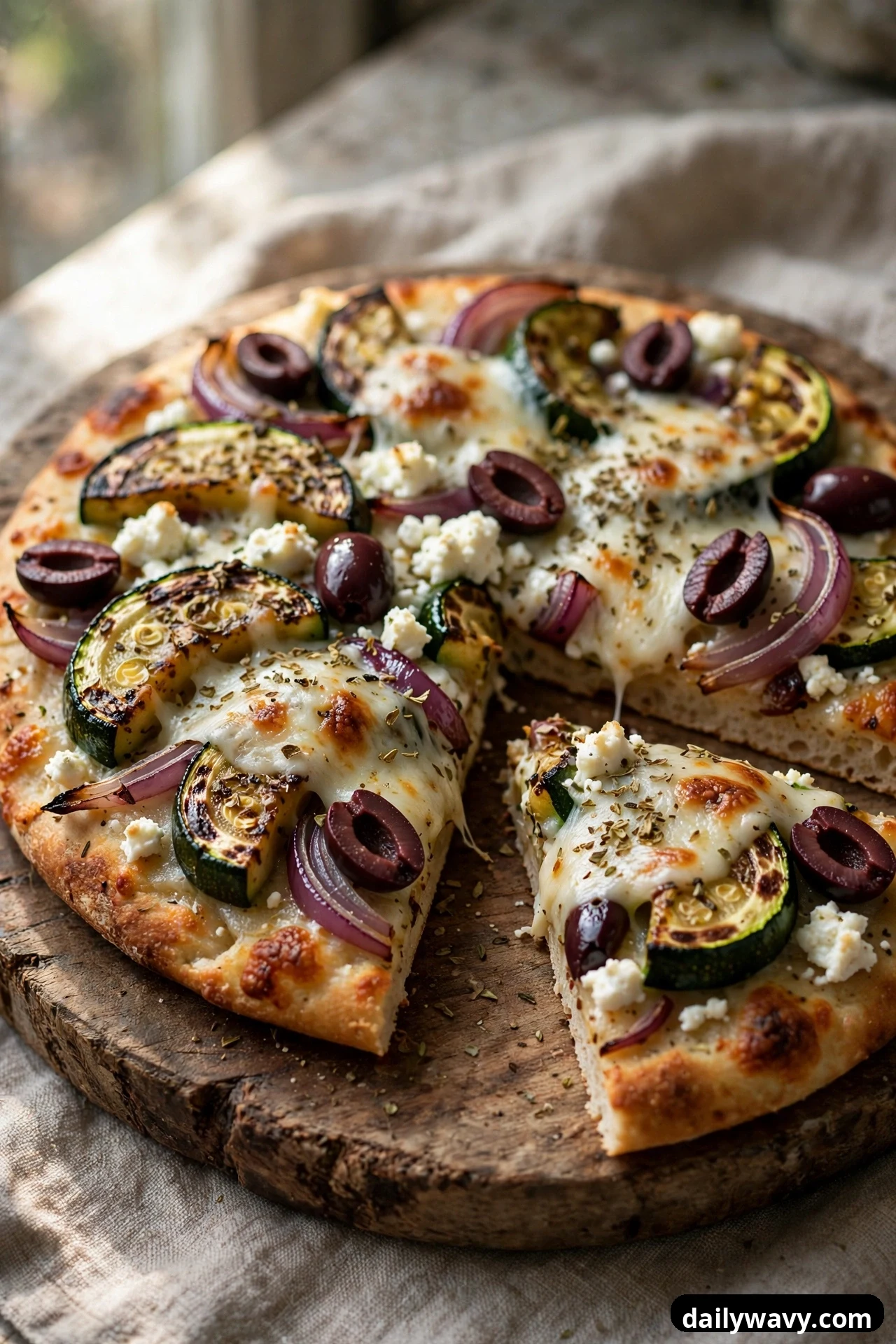 A round flatbread topped with roasted zucchini slices, red onion, melted mozzarella, crumbled feta, and halved Kalamata olives is sprinkled with dried oregano on a wooden board.