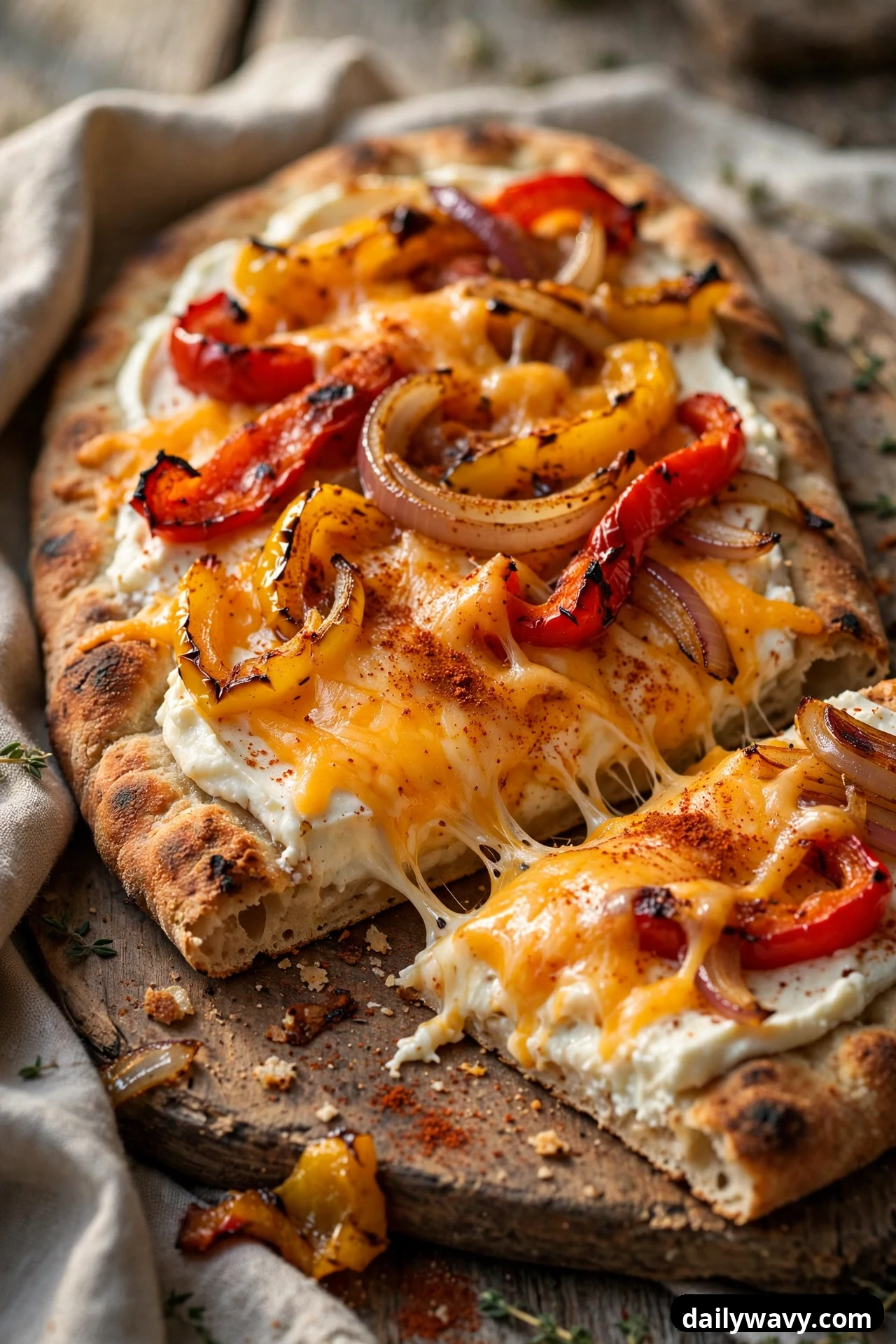 An oval flatbread spread with cream cheese and topped with melted cheddar, roasted red and yellow pepper strips, onion rings, and a dusting of smoked paprika sits on a wooden board with one slice pulled away.