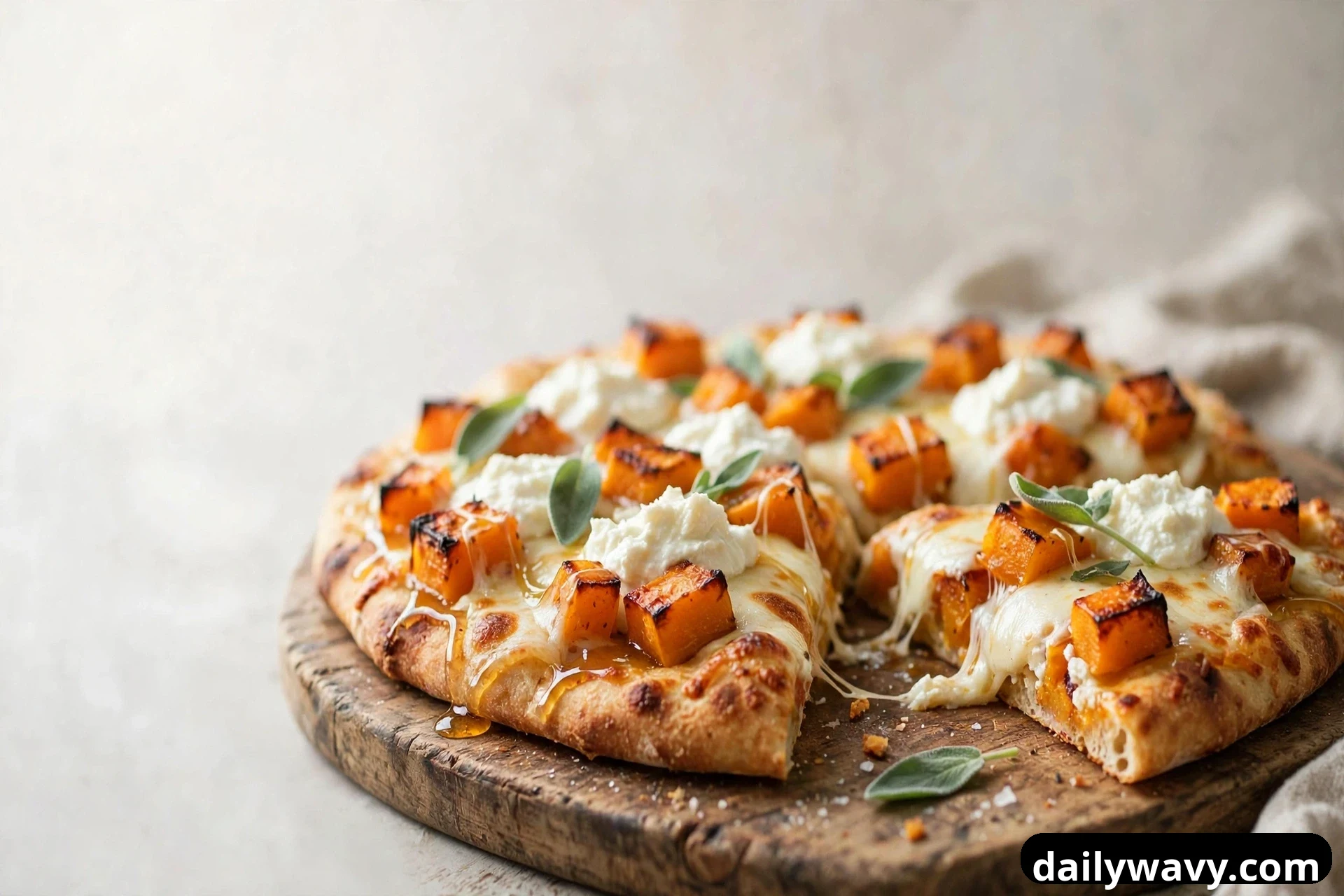 A round flatbread topped with caramelized butternut squash cubes, dollops of ricotta, melted mozzarella, and fresh sage leaves sits on a wooden board, with one slice pulled away and honey drizzled over the top.