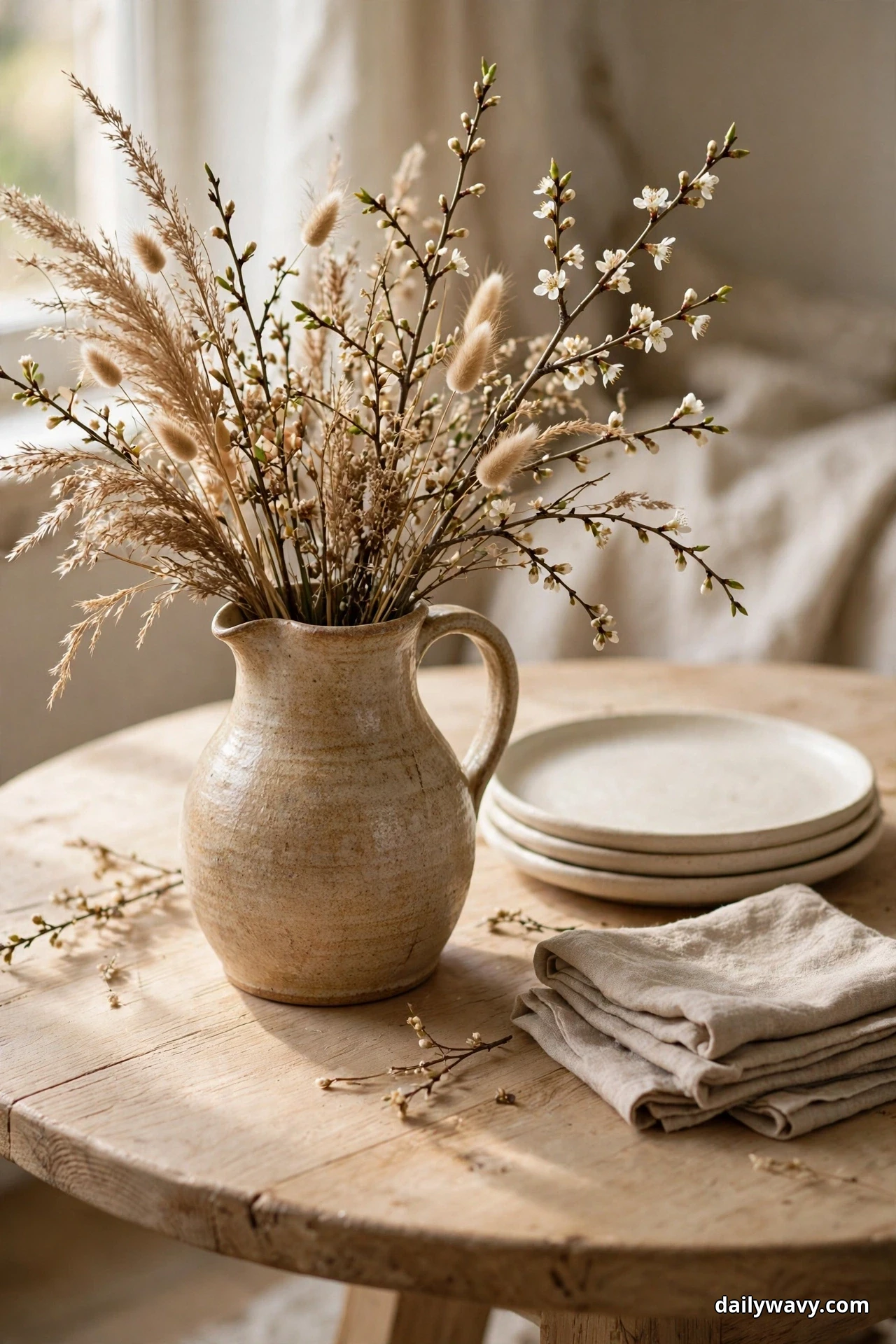 A rustic ceramic pitcher filled with dried grasses, bunny tails, and blossom branches stands on a round wood table beside a stack of cream plates and folded linen napkins