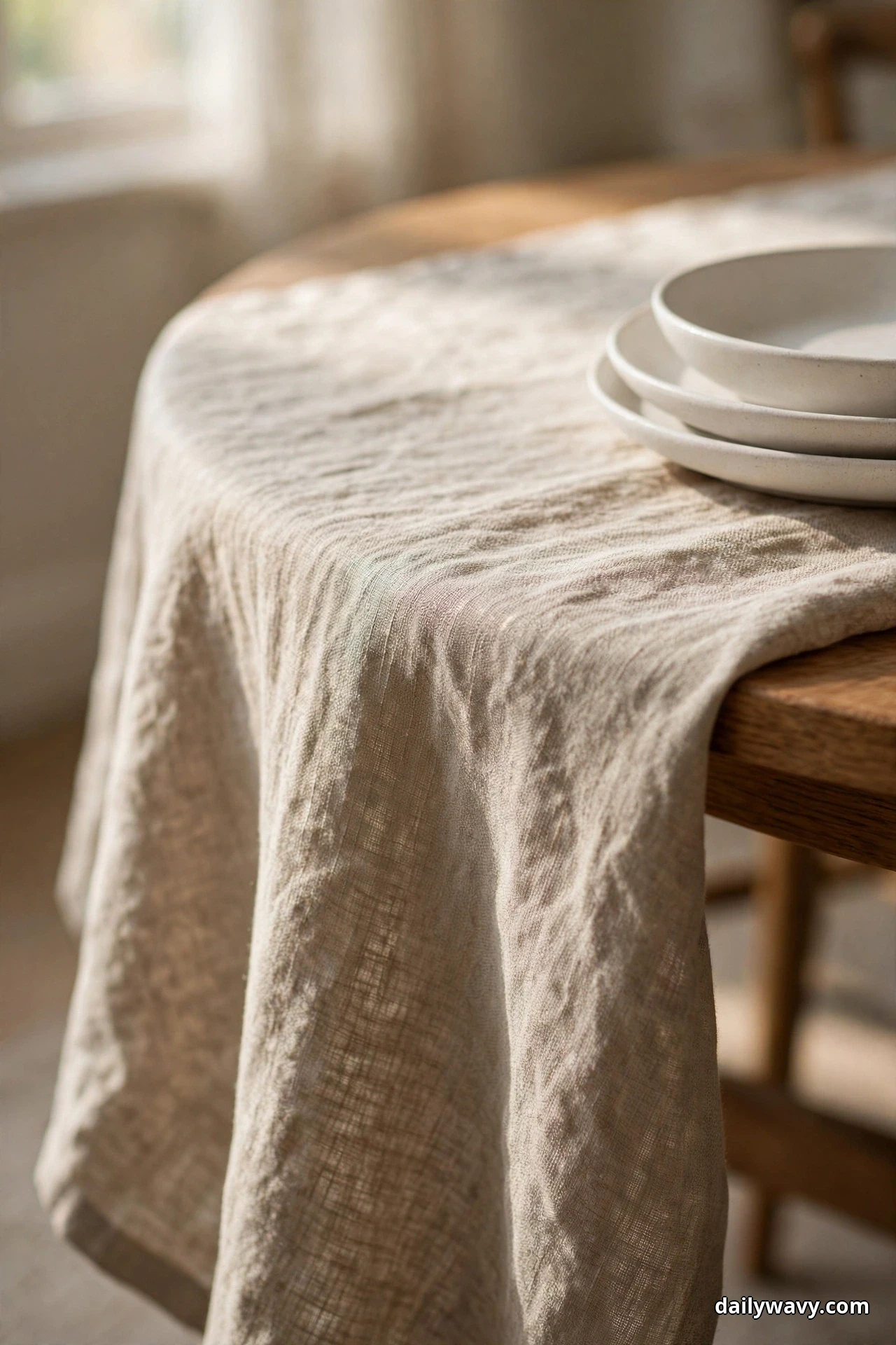 A natural linen tablecloth drapes over the curved edge of a round wood table, with a stack of plain cream stoneware dishes resting on top