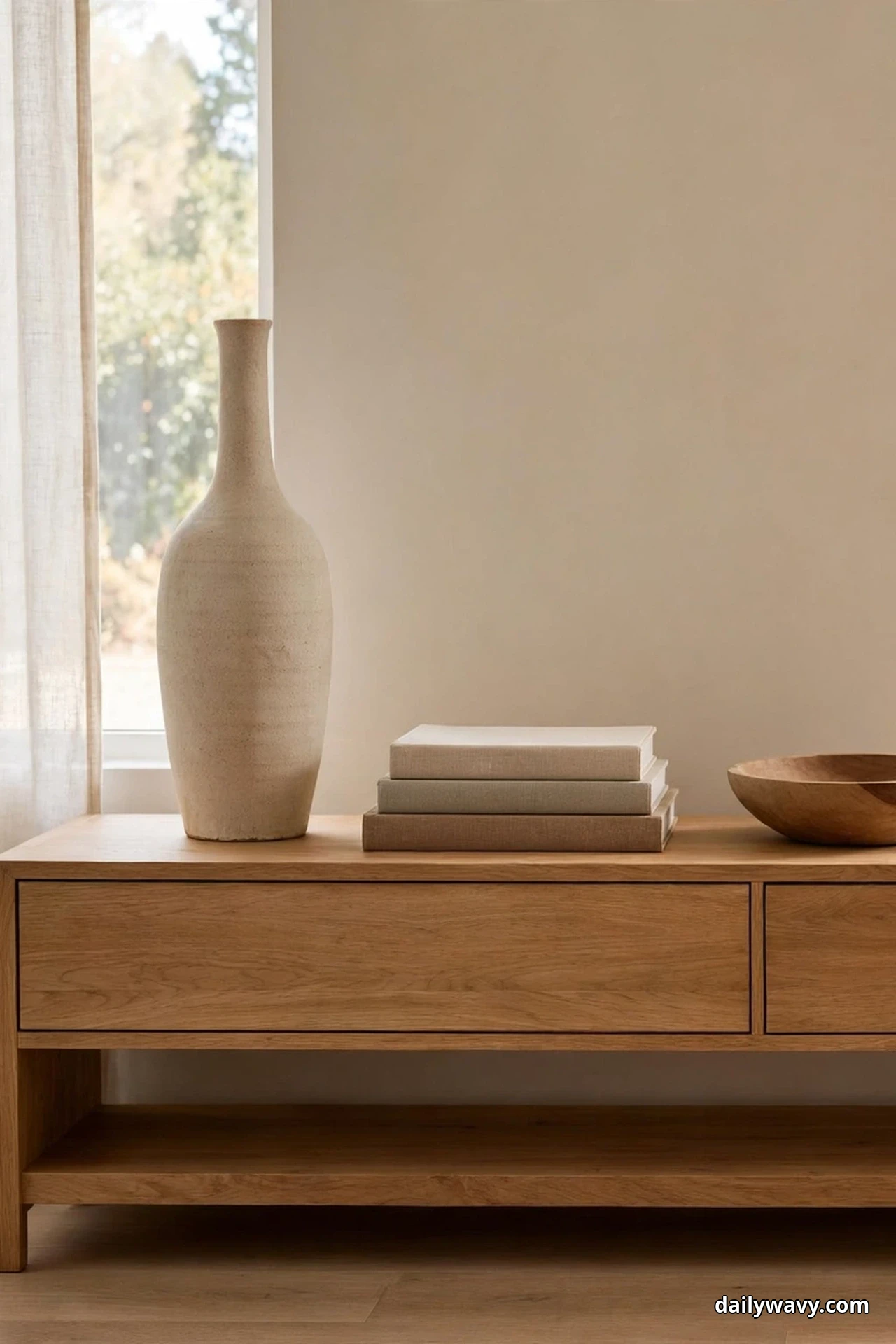 A tall cream bottle vase stands at one end of a light oak sideboard beside a stack of three neutral books, with a low wooden bowl at the other end