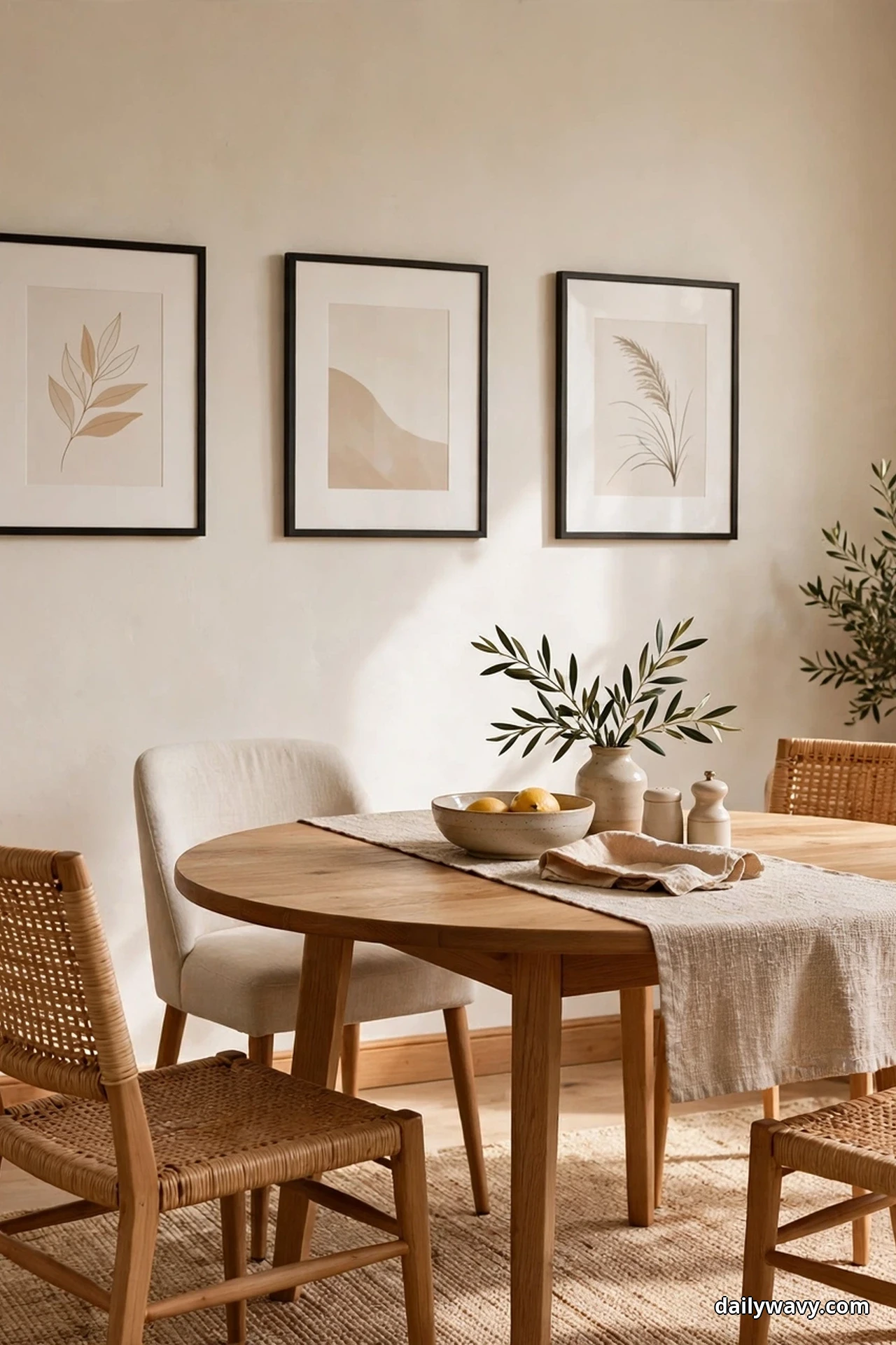 Three black-framed botanical prints hang in a row above a round wood dining table set with a linen runner, a bowl of lemons, and a vase of olive branches