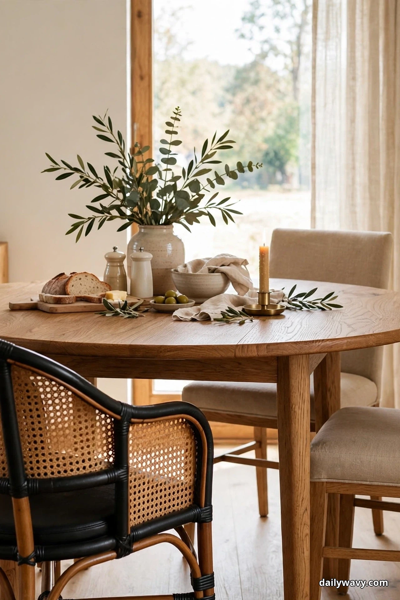 A black cane armchair sits at the near side of a round oak dining table in the foreground, contrasting with the beige upholstered chairs at the other places
