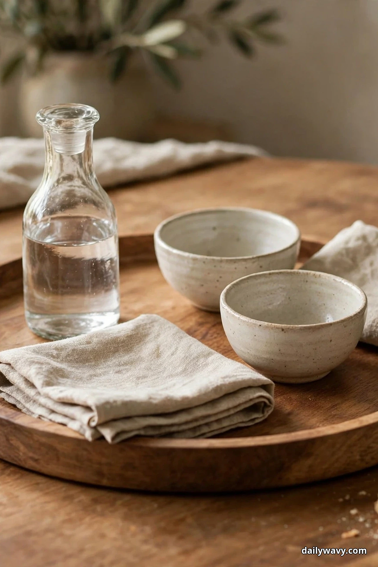 A round wooden tray on a dining table holds a glass water carafe, two speckled ceramic bowls, and folded linen napkins
