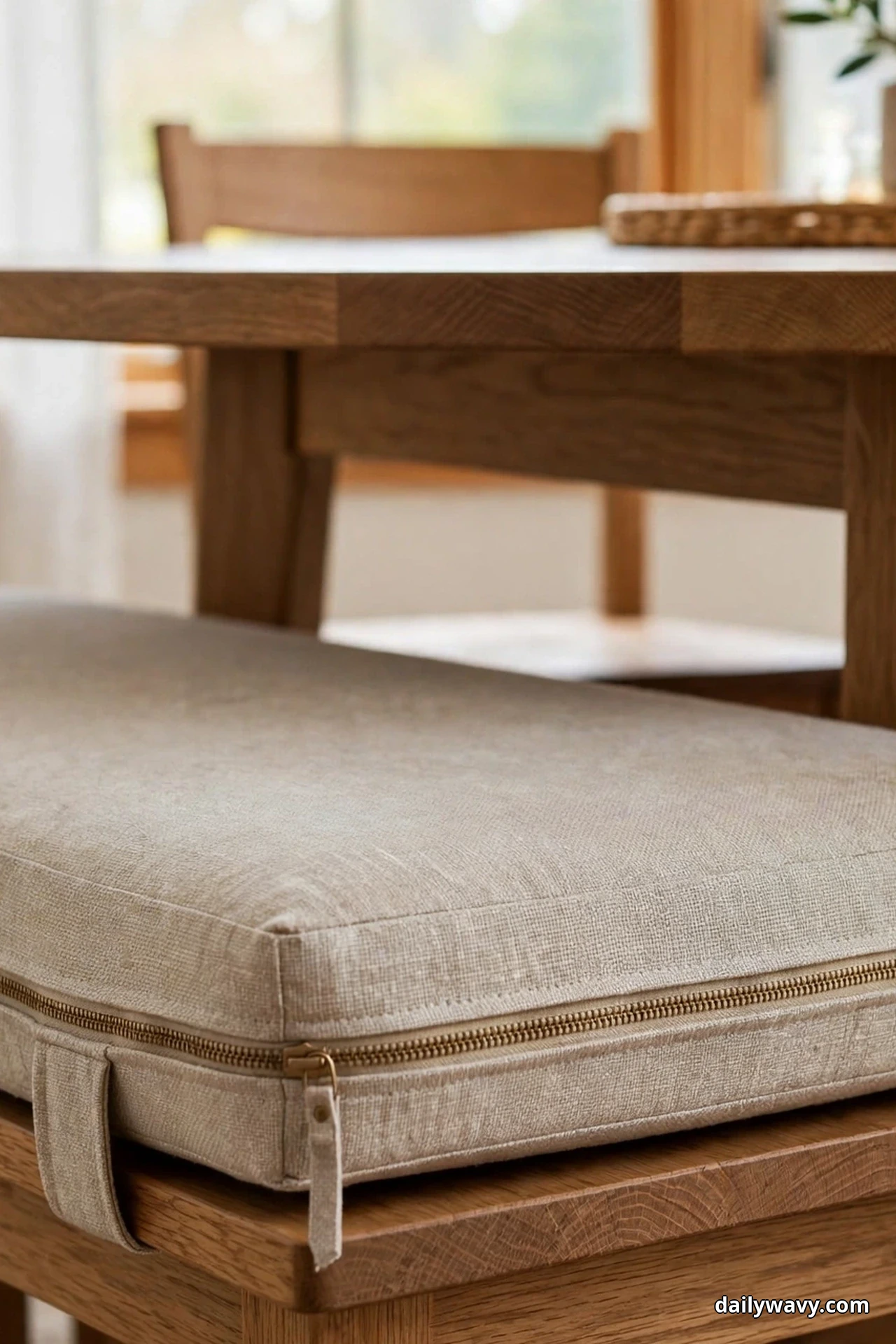 A close view shows a beige linen bench cushion with a zipper along its side resting on a wooden bench beside a dining table