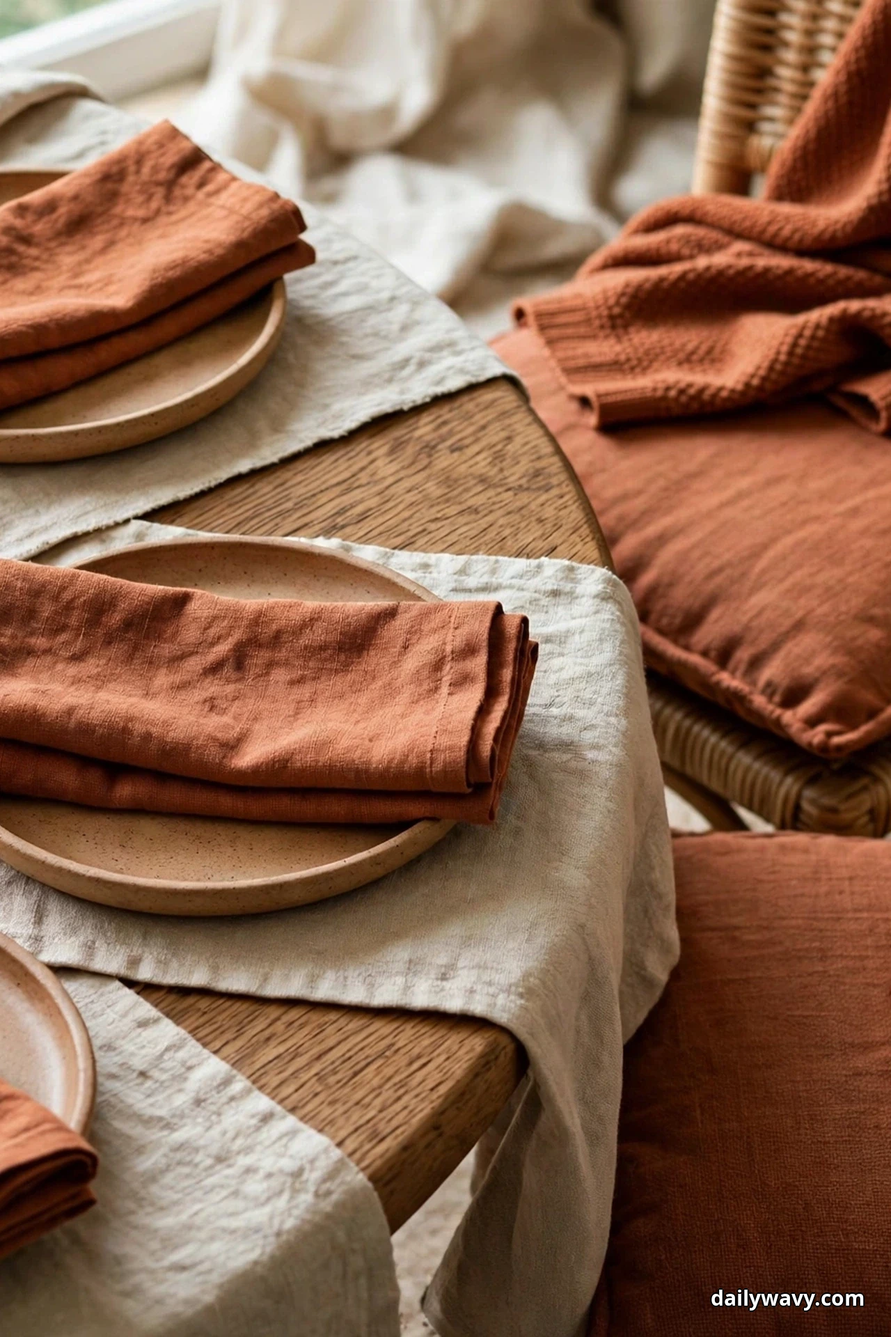 Rust-colored linen napkins rest on stoneware plates at a round table, with a matching rust cushion and knitted throw on the rattan chair beside it